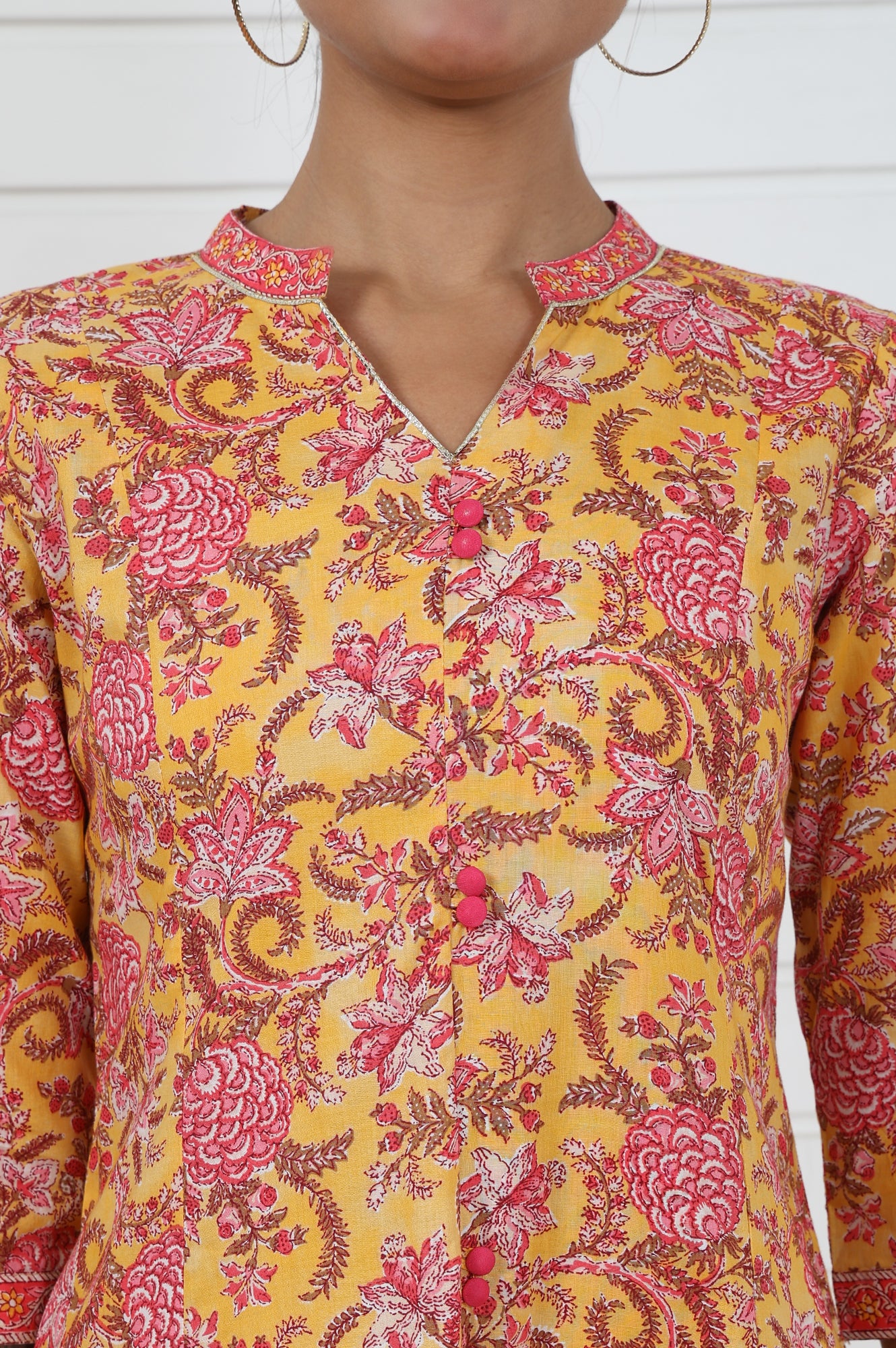 Yellow Floral Printed Lace Pure Cotton Anarkali Kurta - Image 3