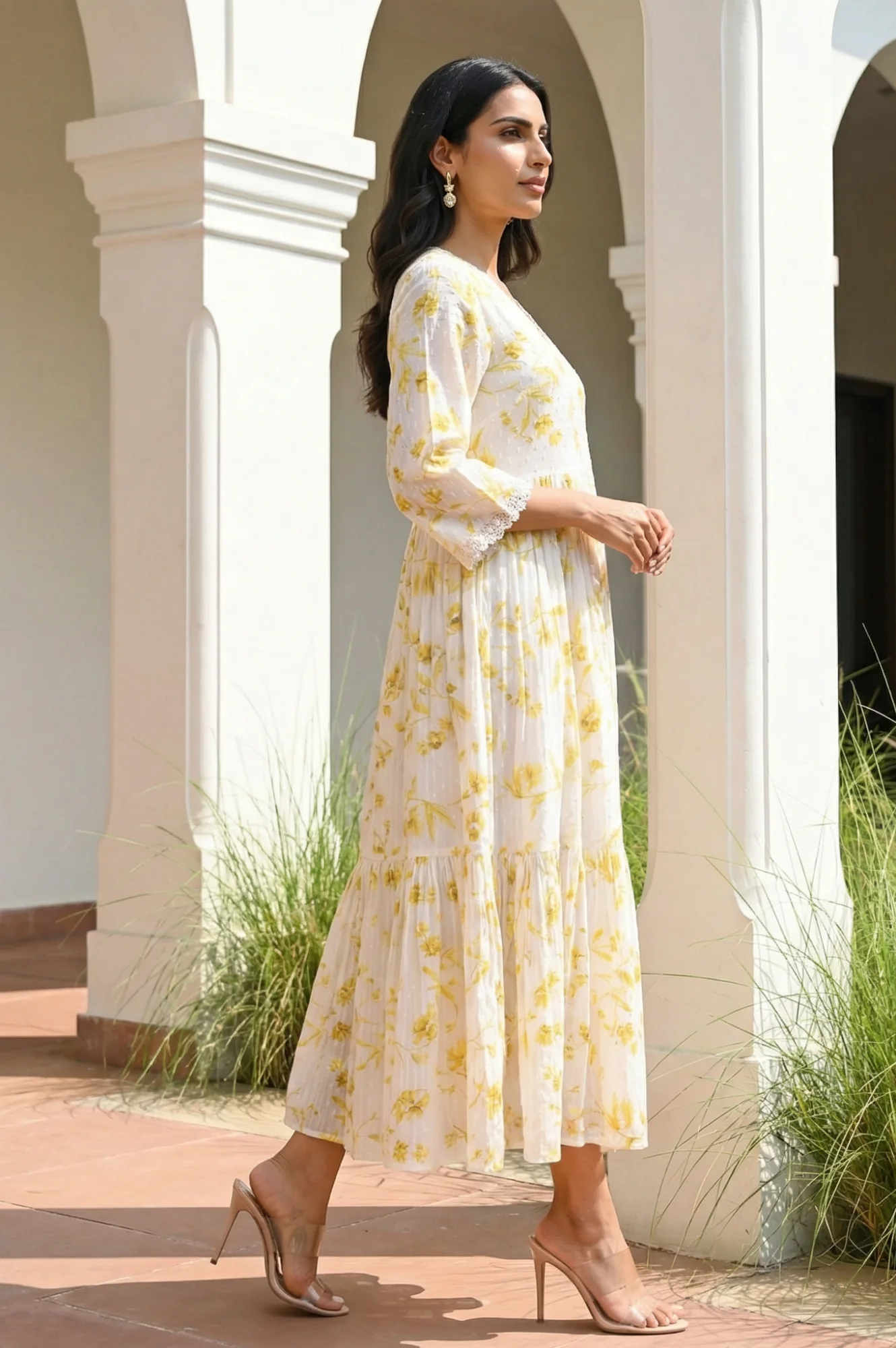 Yellow Floral Printed Lace Pure Cotton Flared Dress - Image 6