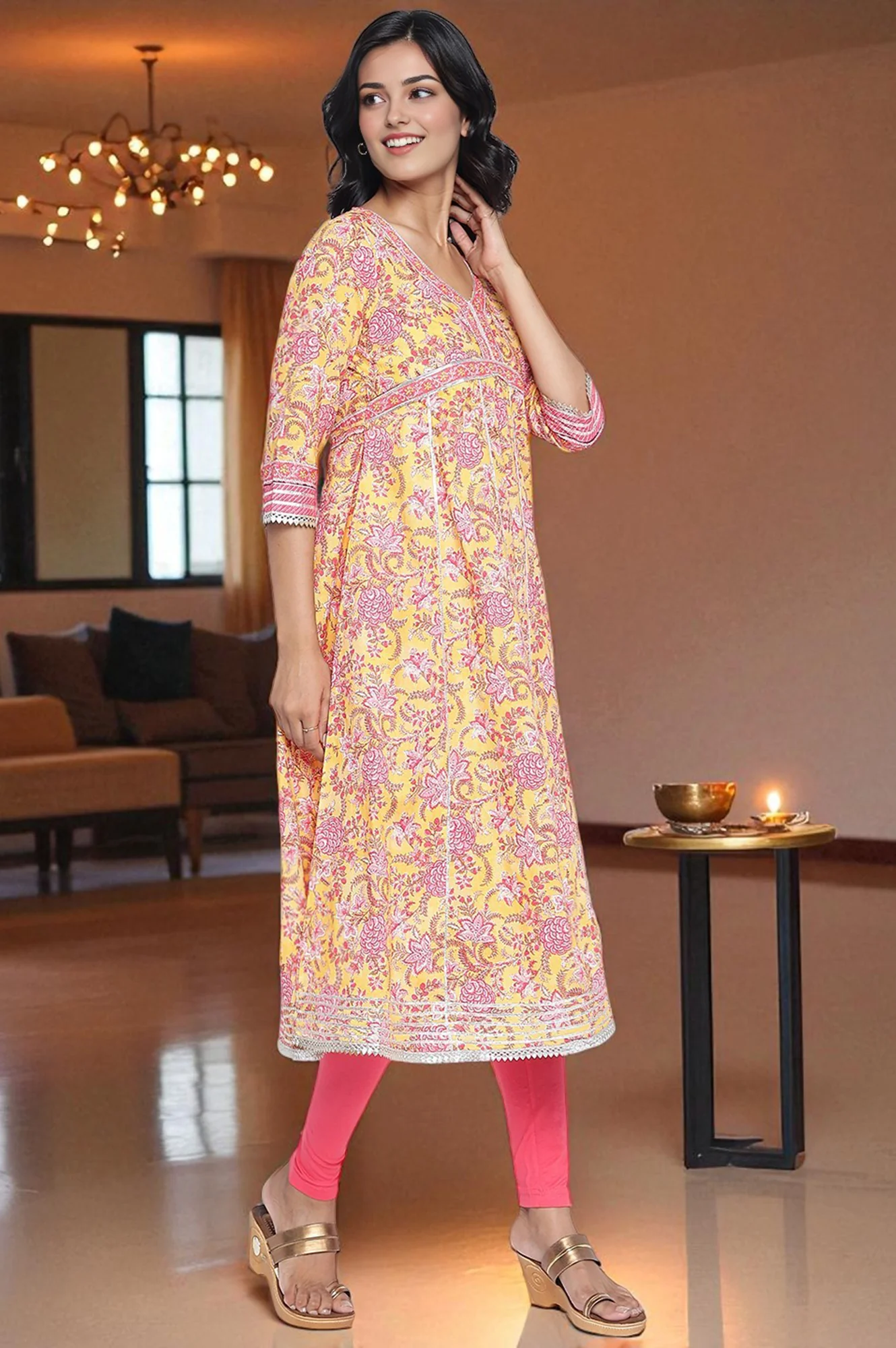 Yellow Floral Printed Lace Pure Cotton Kurta, Legging and Stole Set - Image 5