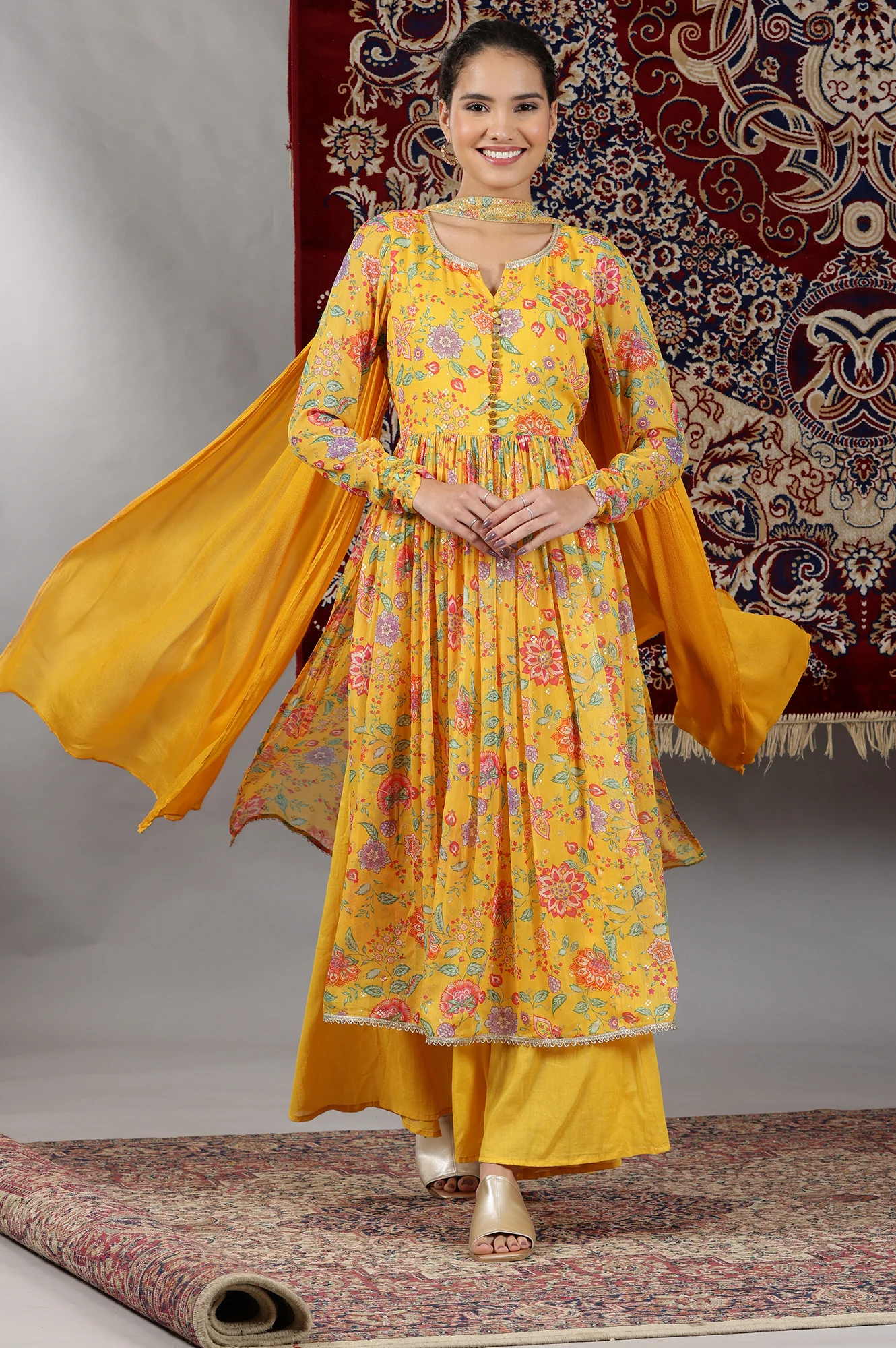 Yellow Floral Printed Naira-Cut Kurta, Pants and Dupatta Set - Image 2