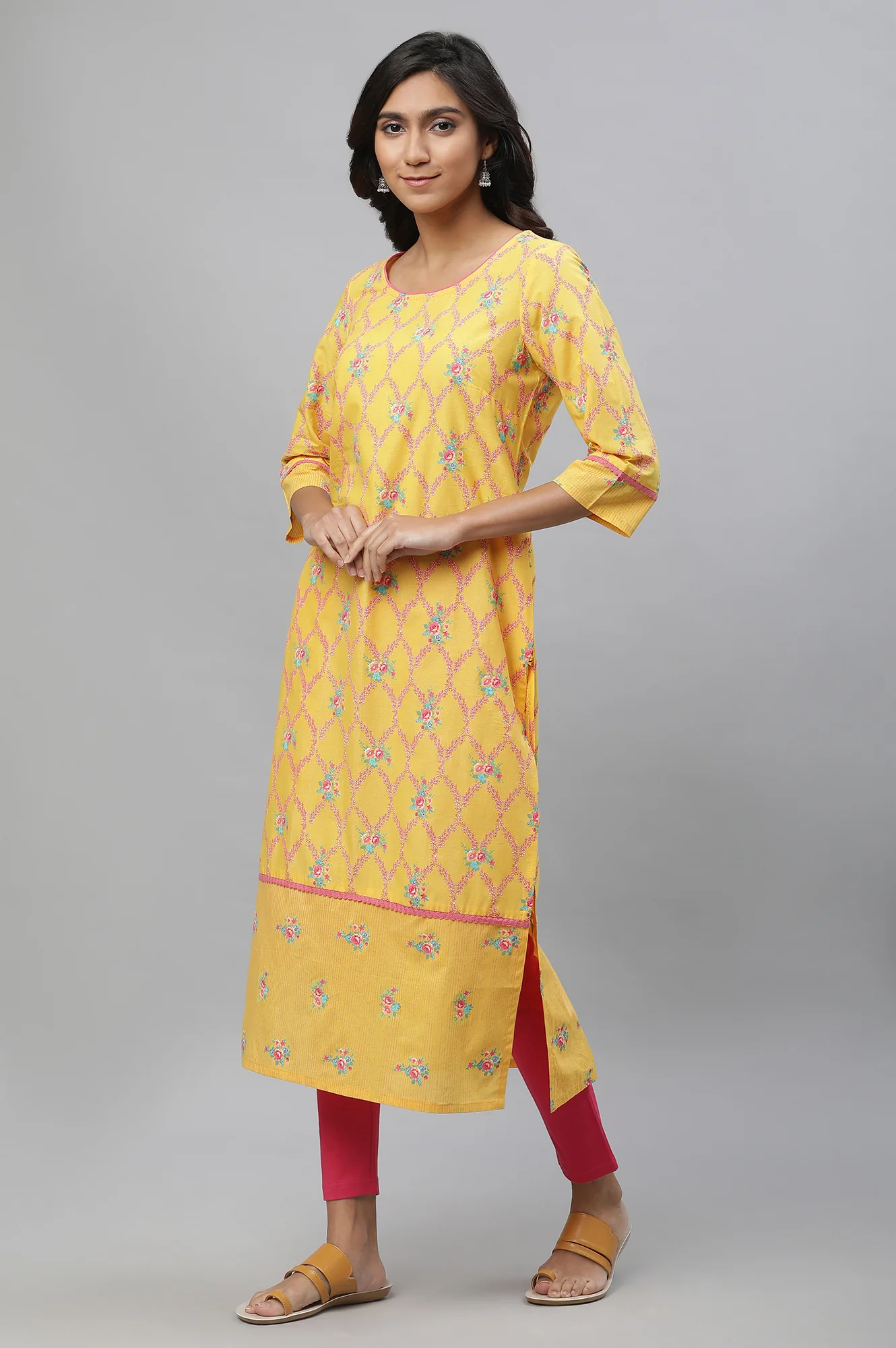 Yellow Floral Printed Pure Cotton Straight Kurta and Leggings Set - Image 3