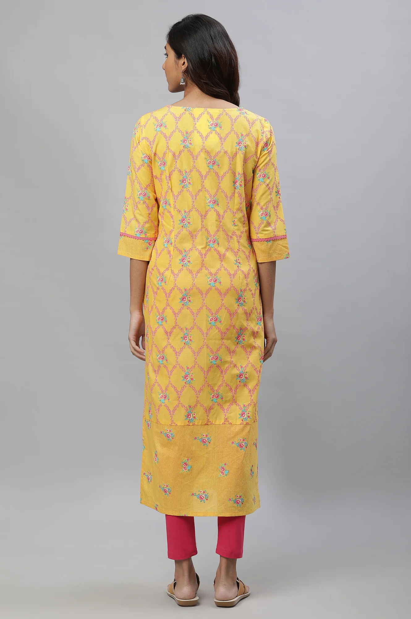 Yellow Floral Printed Pure Cotton Straight Kurta and Leggings Set - Image 4