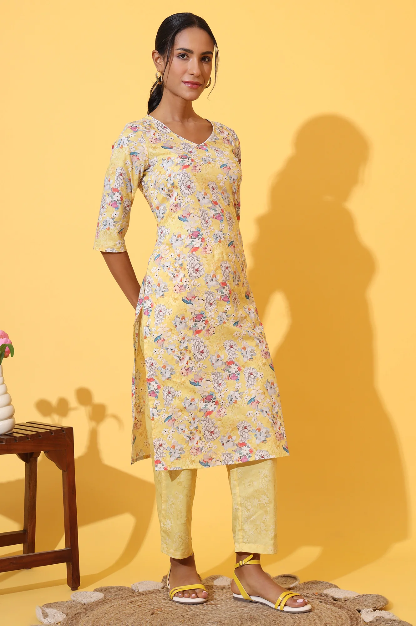 Yellow Floral Printed Pure Cotton Straight Kurta and Pants Co-ord Set - Image 7
