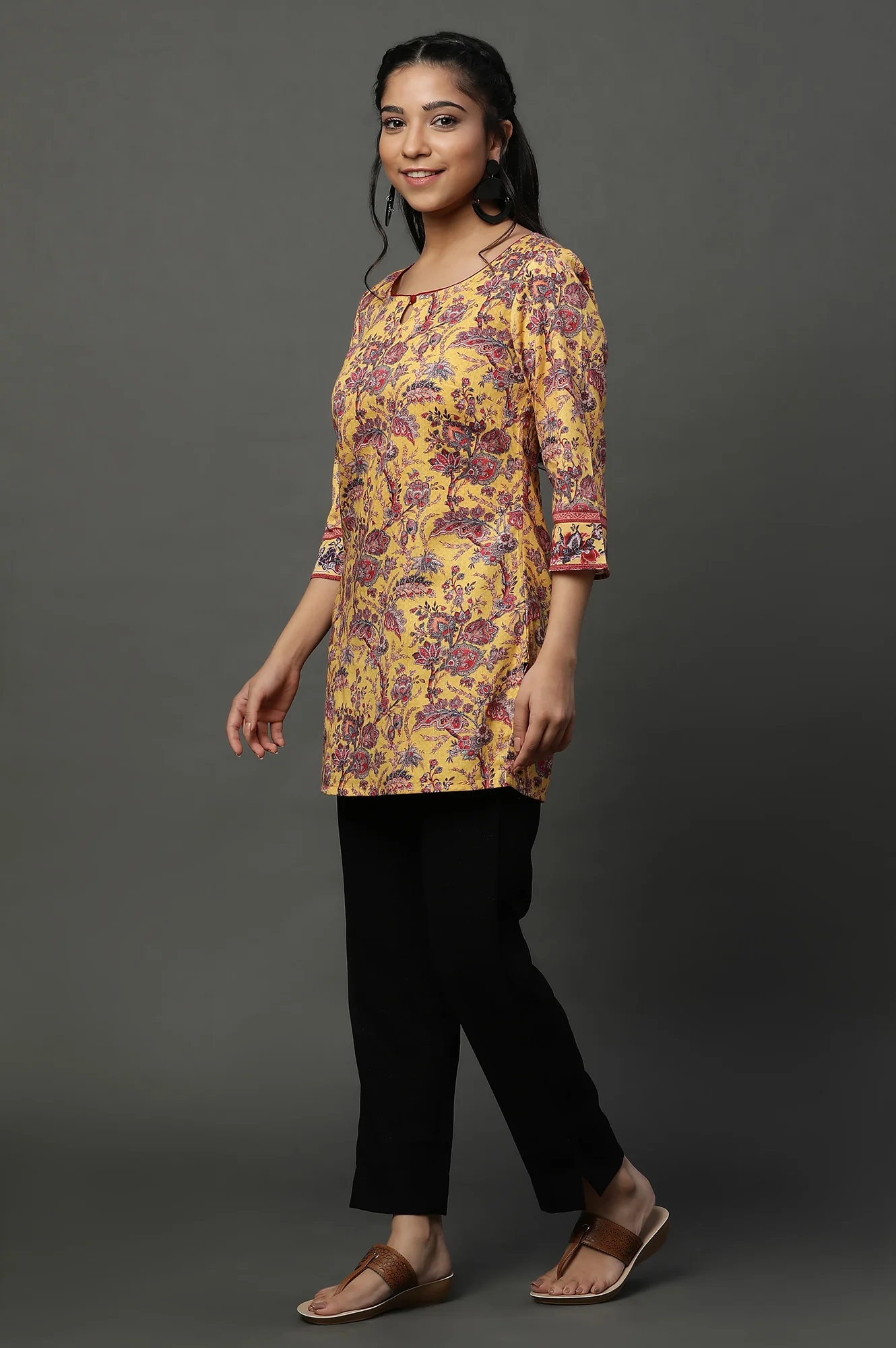 Yellow Floral Printed Short Ethnic Kurti - Image 3
