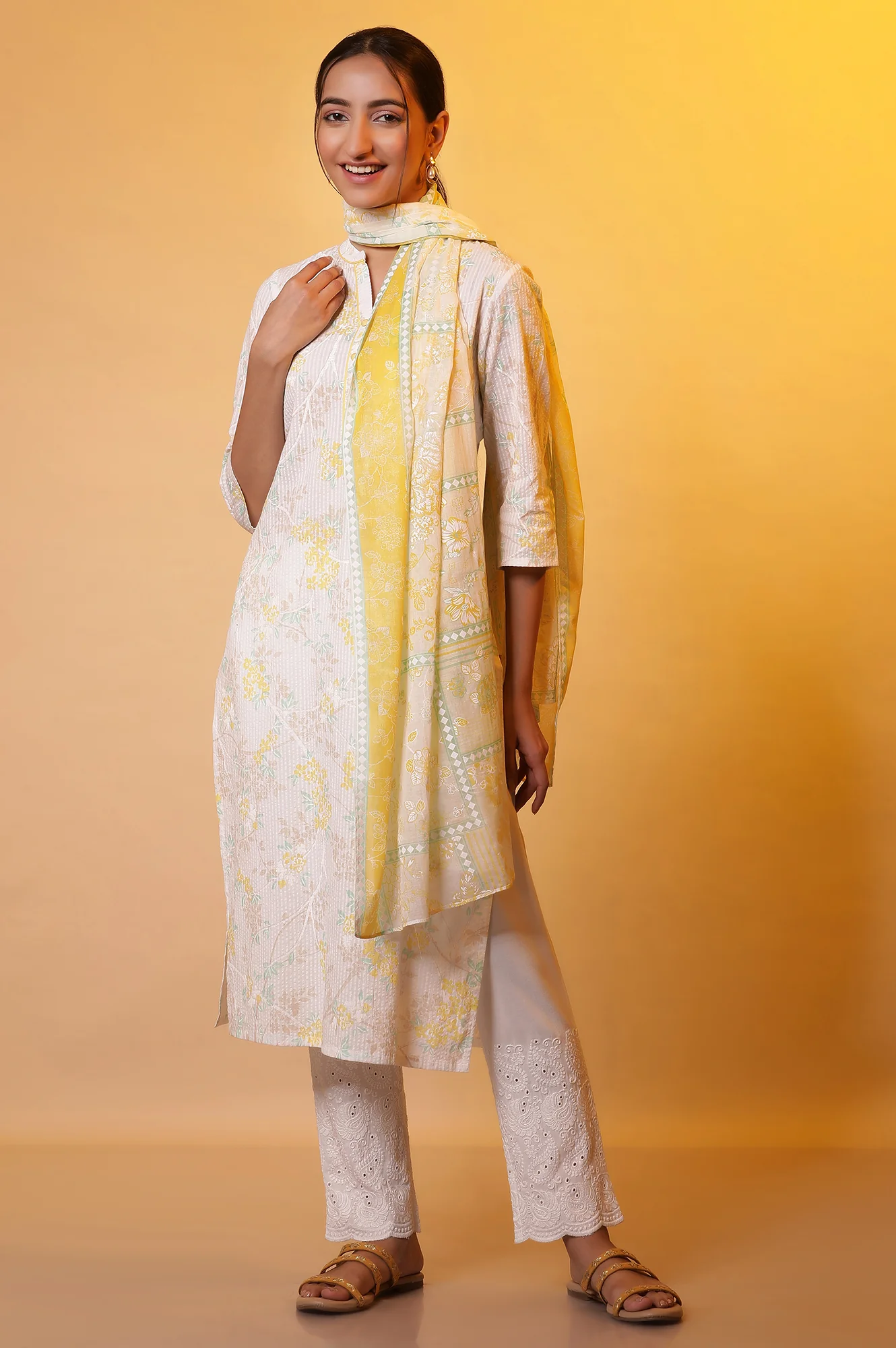 Yellow Floral Printed Stole with Border - Image 3