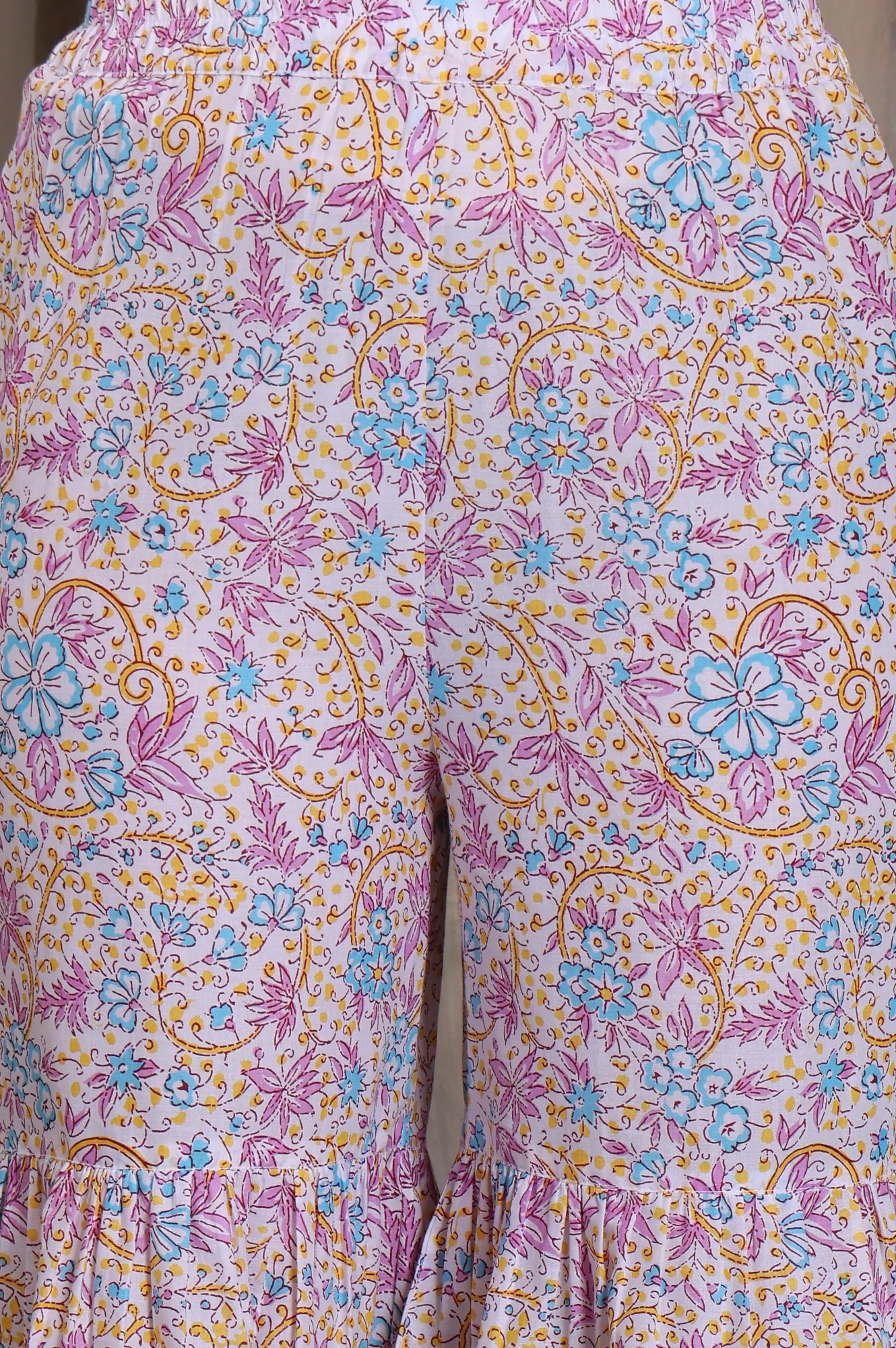 Yellow Floral Printed Tape Embellished A-Line Cotton Kurta, Sharara and Dupatta Set - Image 8