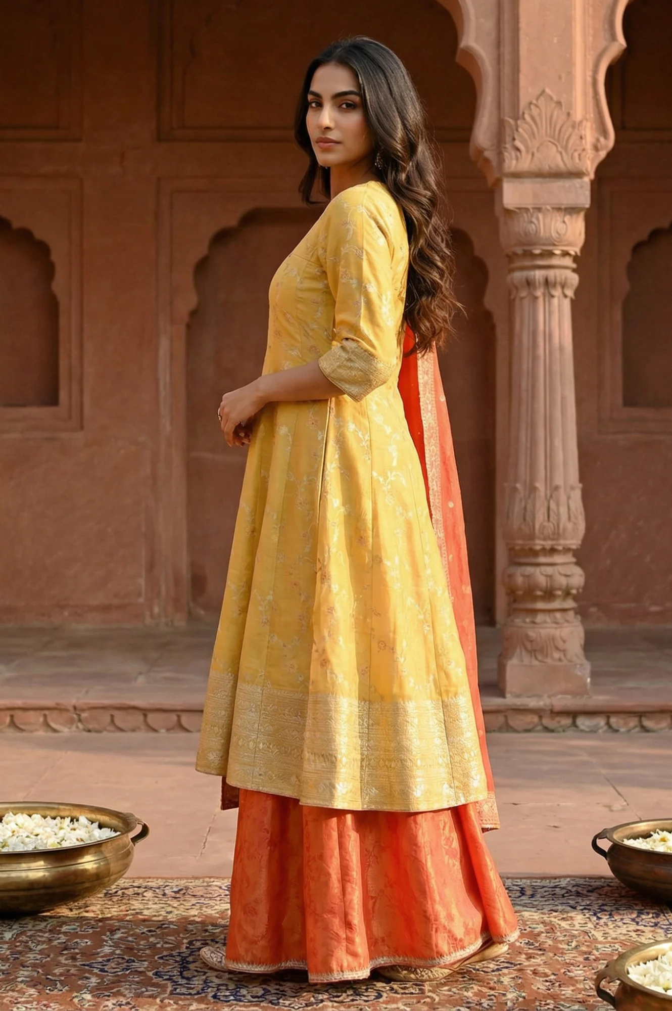 Yellow Floral Printed Zari Work Jacquard Anarkali Kurta with Palazzo and Dupatta Set - Image 3