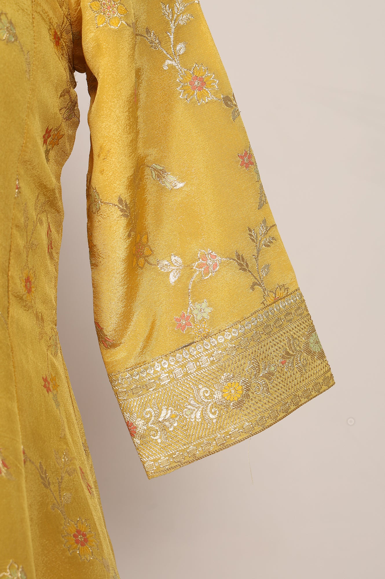 Yellow Floral Printed Zari Work Jacquard Anarkali Kurta with Palazzo and Dupatta Set - Image 6