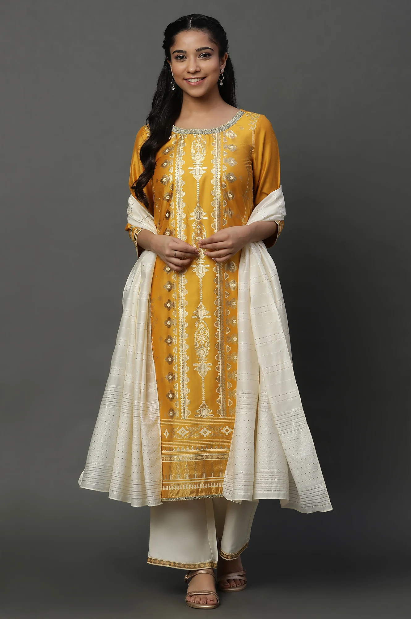 Yellow Foil Printed Embroidered Straight Kurta Pants and Dupatta Set - Image 3