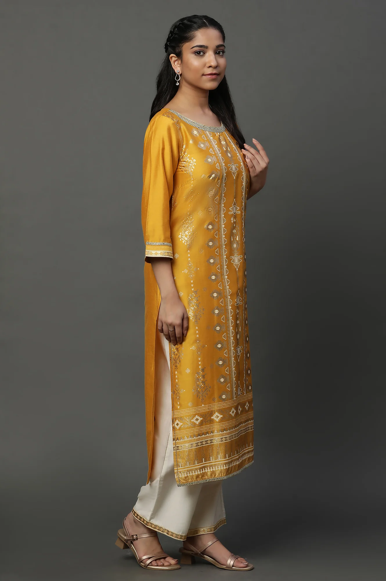 Yellow Foil Printed Embroidered Straight Kurta Pants and Dupatta Set - Image 4