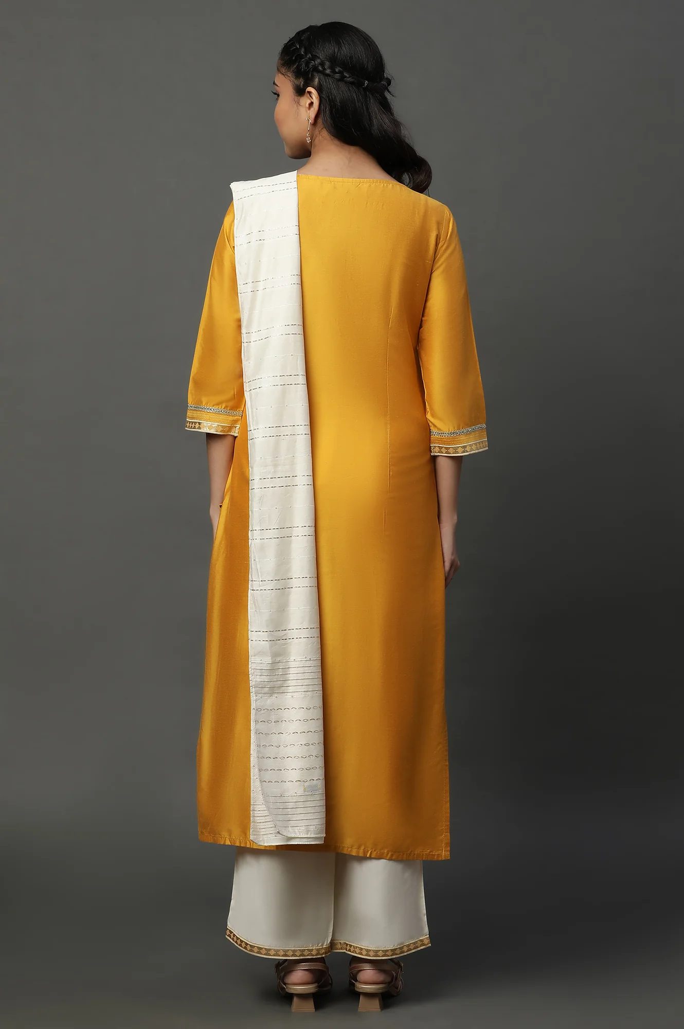 Yellow Foil Printed Embroidered Straight Kurta Pants and Dupatta Set - Image 5