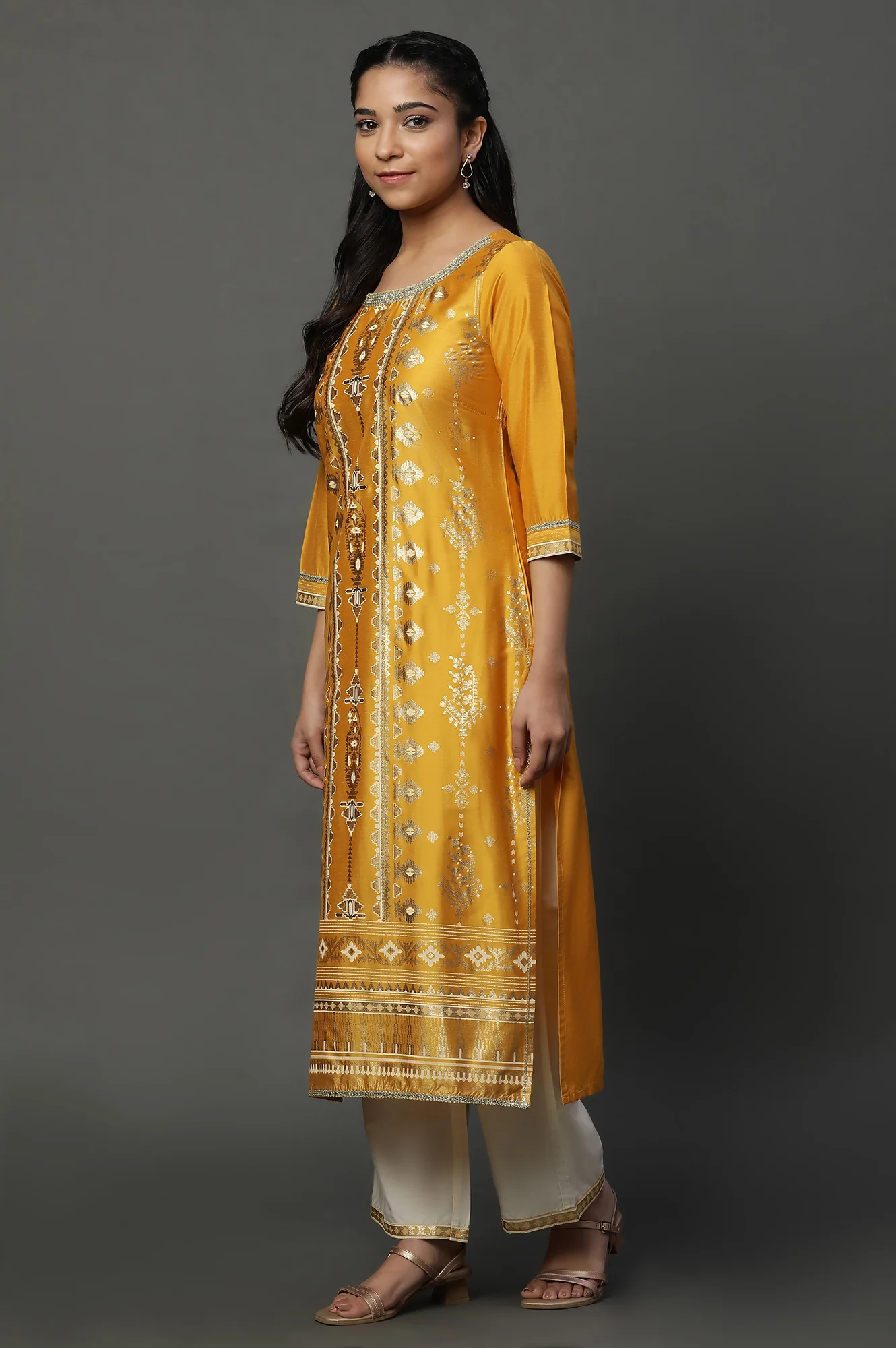 Yellow Foil Printed Embroidered Straight Kurta Pants and Dupatta Set - Image 6