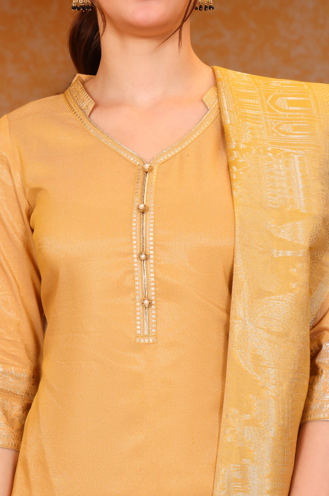 Yellow Foil Printed Festive Straight Kurta, Trousers and Dupatta Set - Image 3