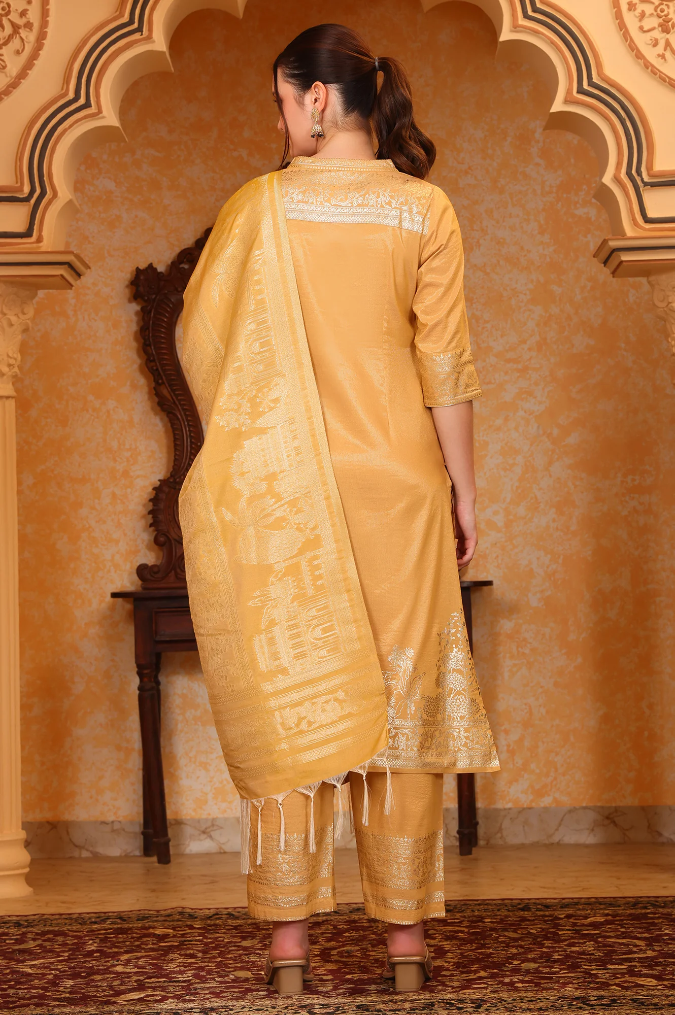 Yellow Foil Printed Festive Straight Kurta, Trousers and Dupatta Set - Image 5