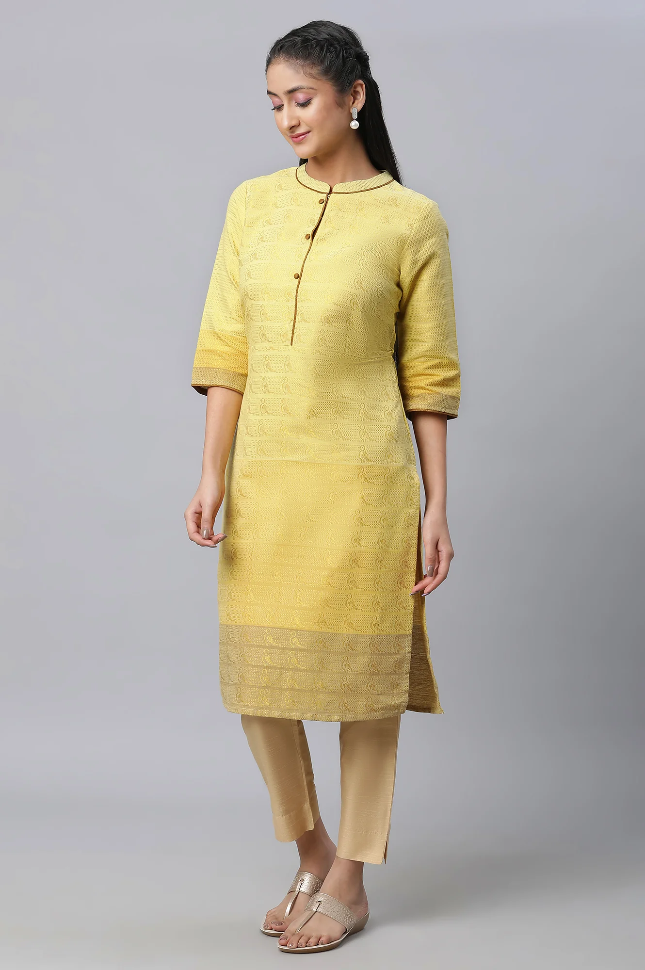 Yellow Geometric Print Zari Straight Cotton Kurta - Image 2