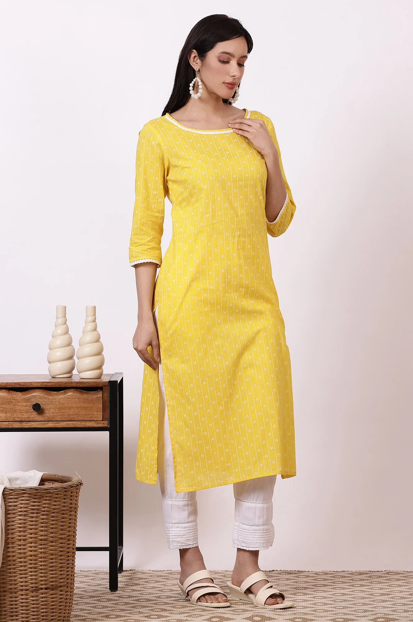 Yellow Geometric Printed Pure Cotton Straight Kurta, Leggings and Dupatta Set - Image 6