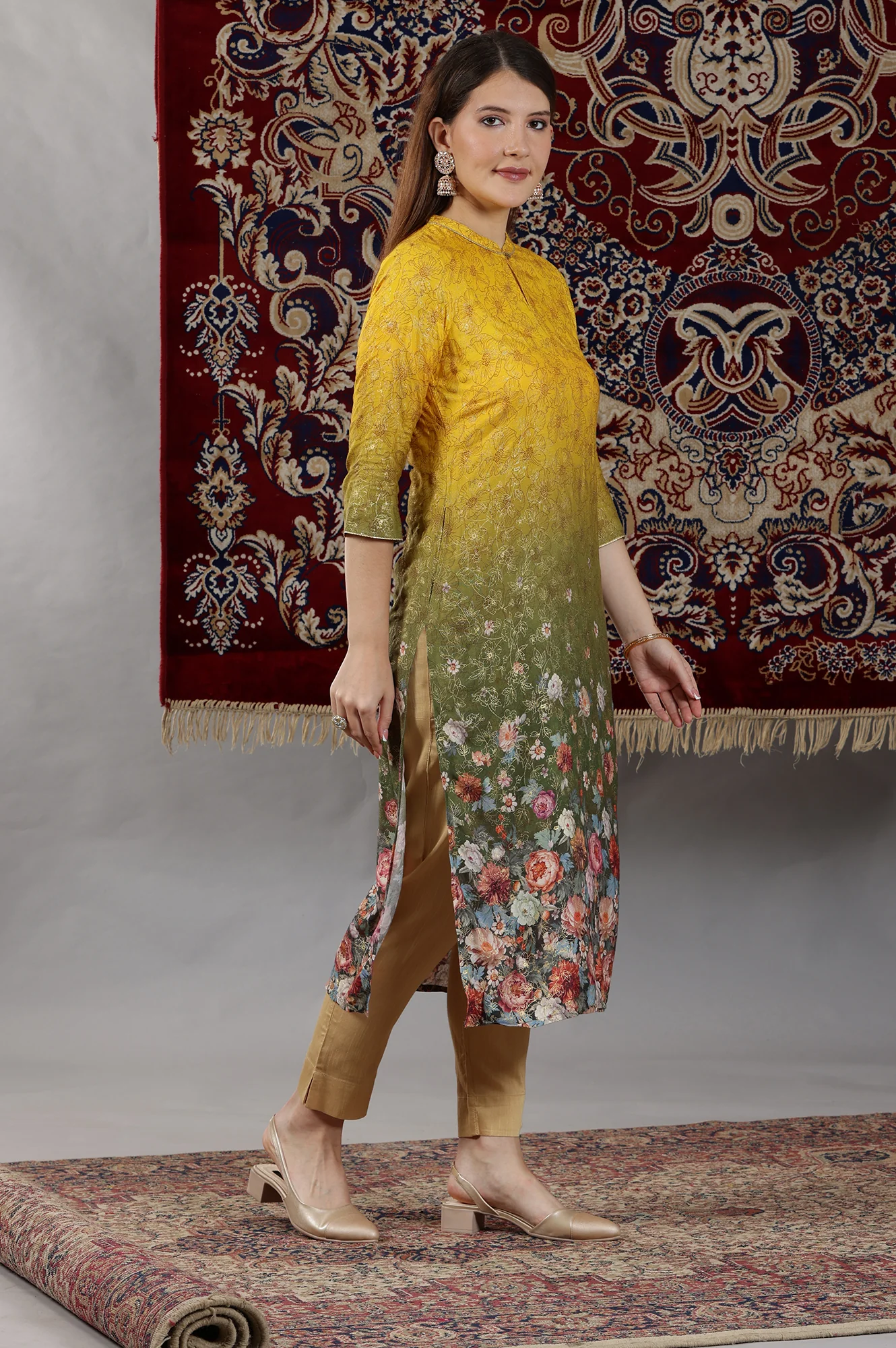 Yellow & Green Ombre Coloured Straight Kurta with Multi-coloured Floral Print - Image 4