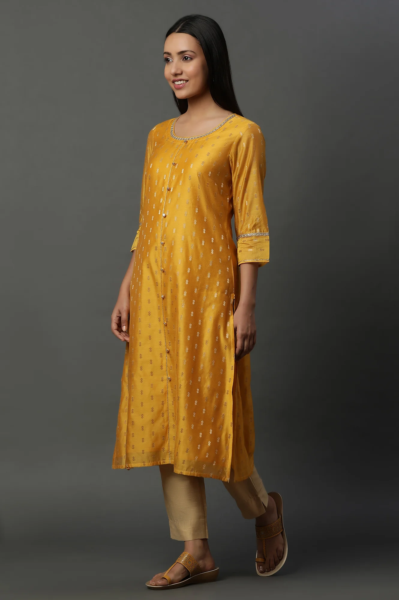 Yellow Jacquard Festive Kurta - Image 3