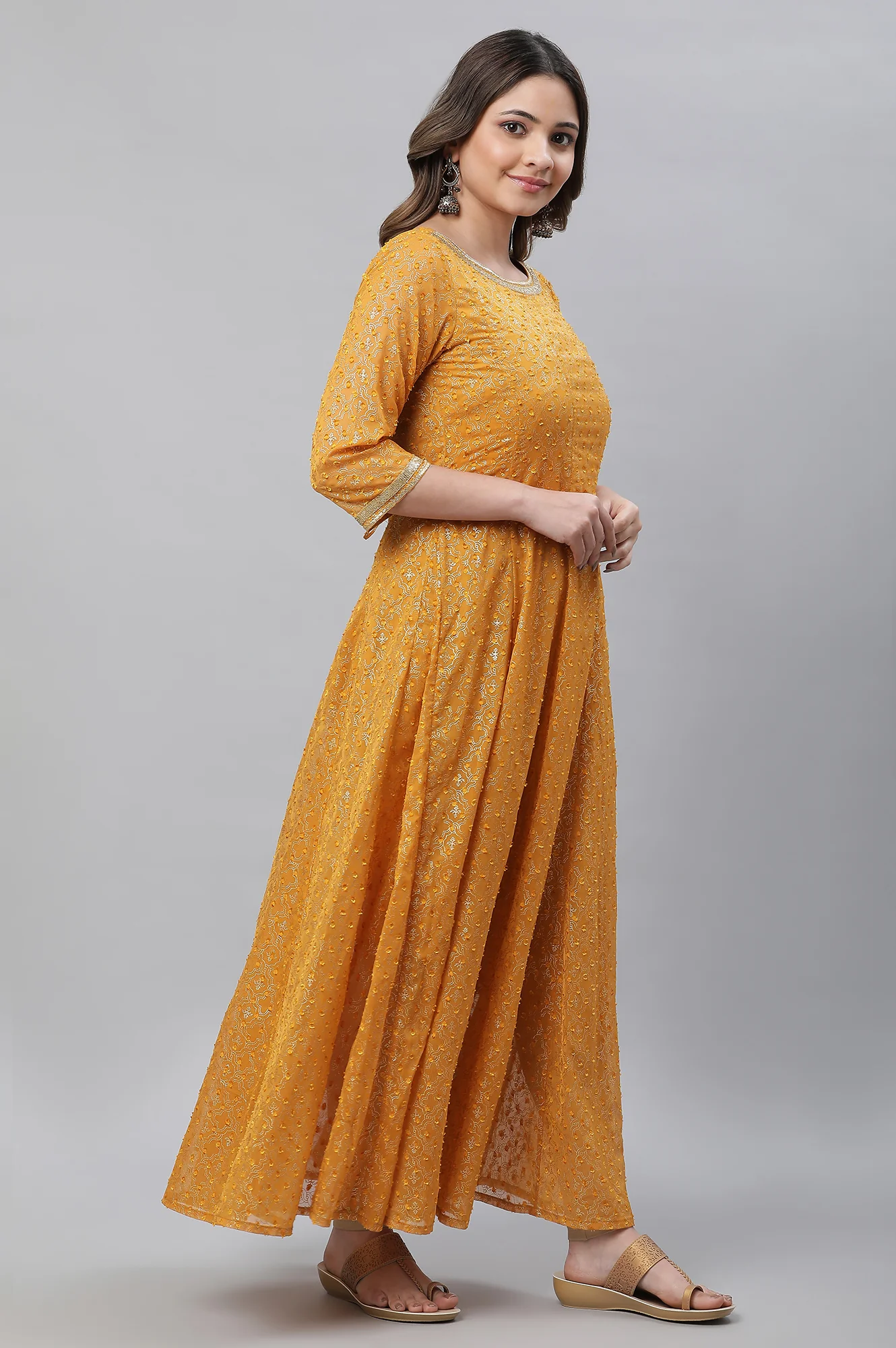 Yellow Kalidar Ethnic Long Kurta - Image 4