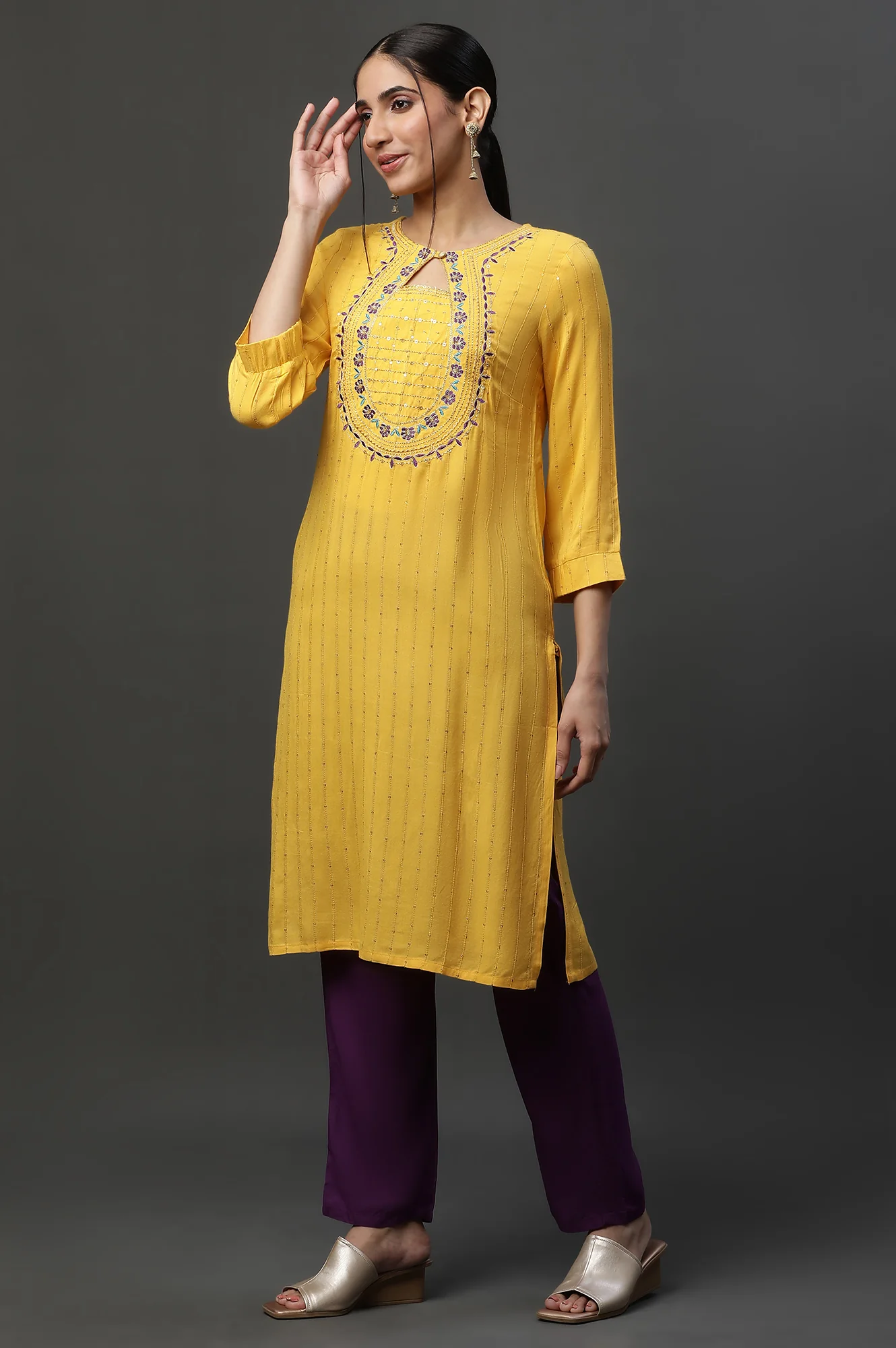 Yellow Metallic Embroidered Straight Ethnic Festive Kurta - Image 3