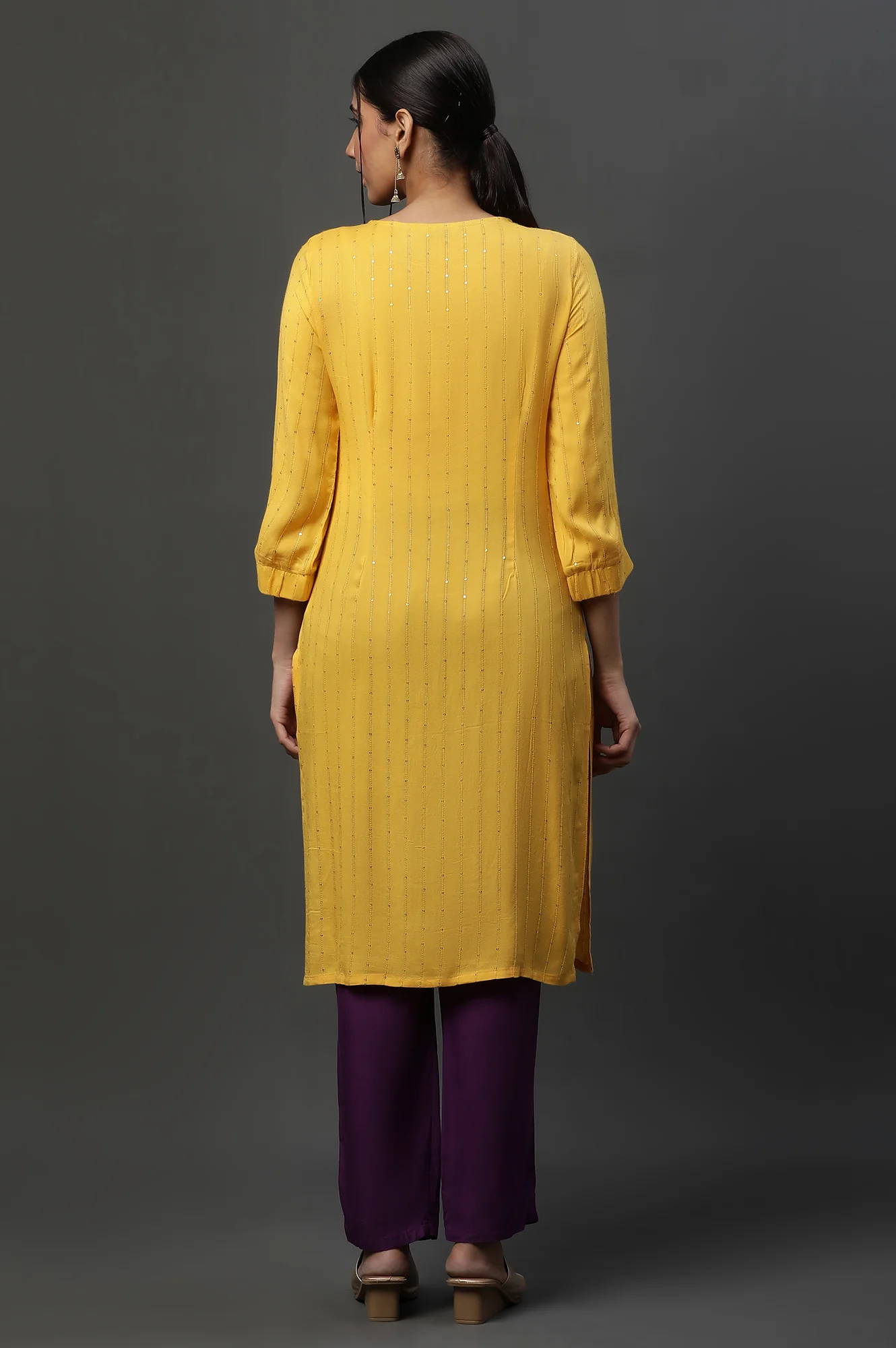 Yellow Metallic Embroidered Straight Ethnic Festive Kurta - Image 4
