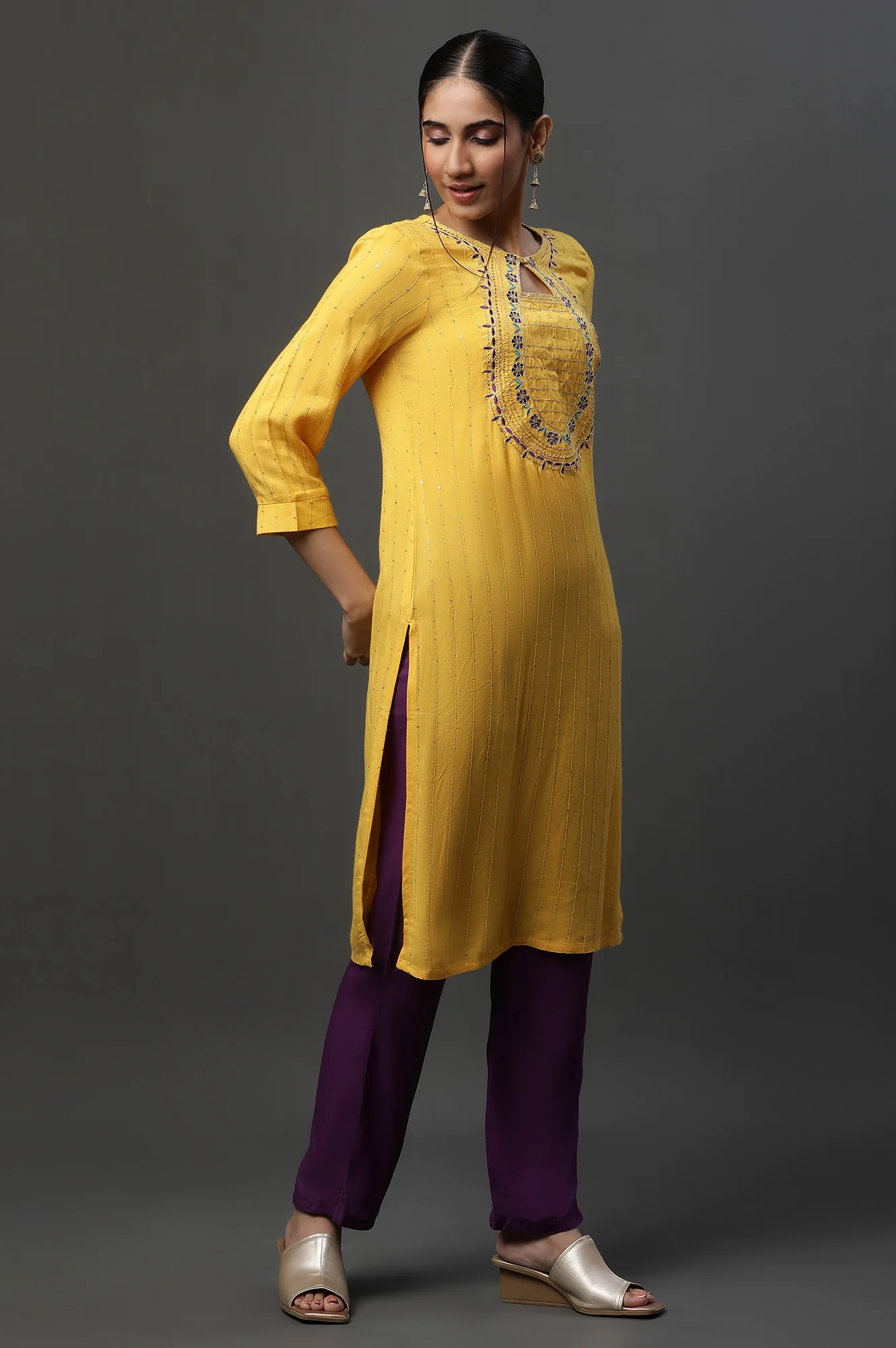 Yellow Metallic Embroidered Straight Ethnic Festive Kurta - Image 5