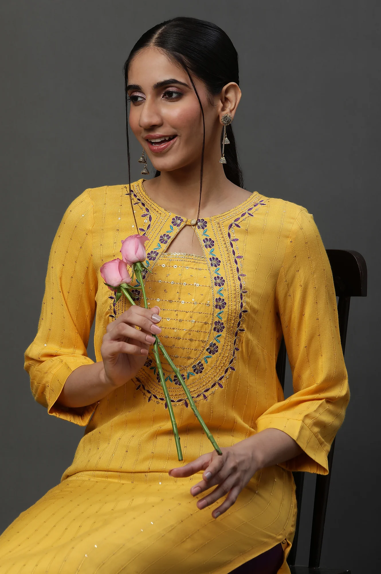 Yellow Metallic Embroidered Straight Ethnic Festive Kurta - Image 6
