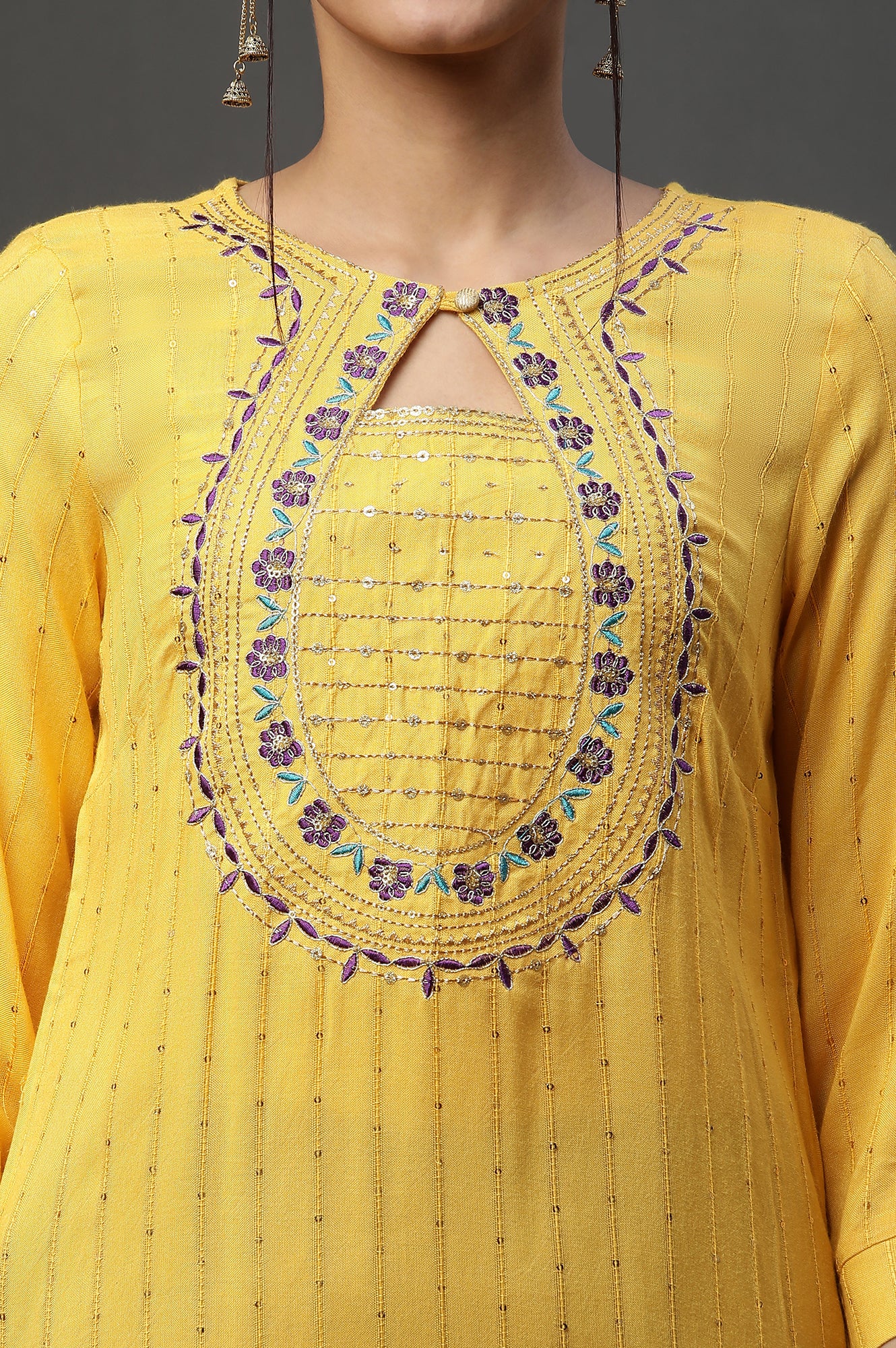 Yellow Metallic Embroidered Straight Ethnic Festive Kurta - Image 7