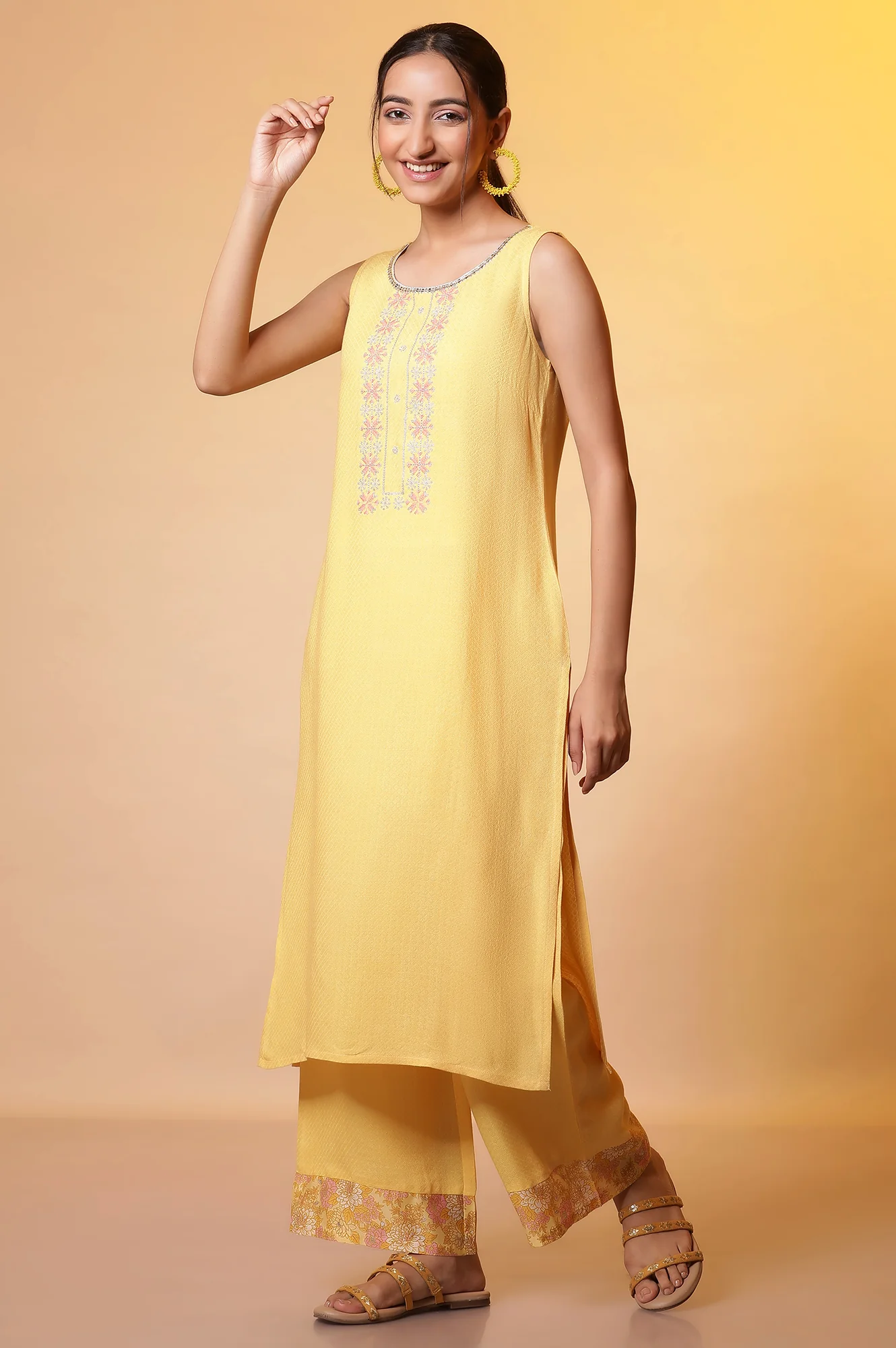 Yellow Metallic Embroidered Kurta, Palazzo and Kota Dupatta Set - Image 3