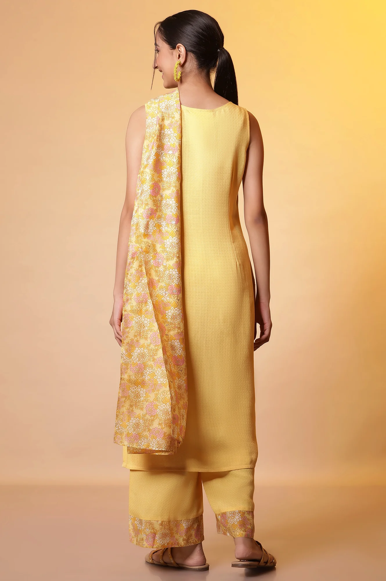 Yellow Metallic Embroidered Kurta, Palazzo and Kota Dupatta Set - Image 4