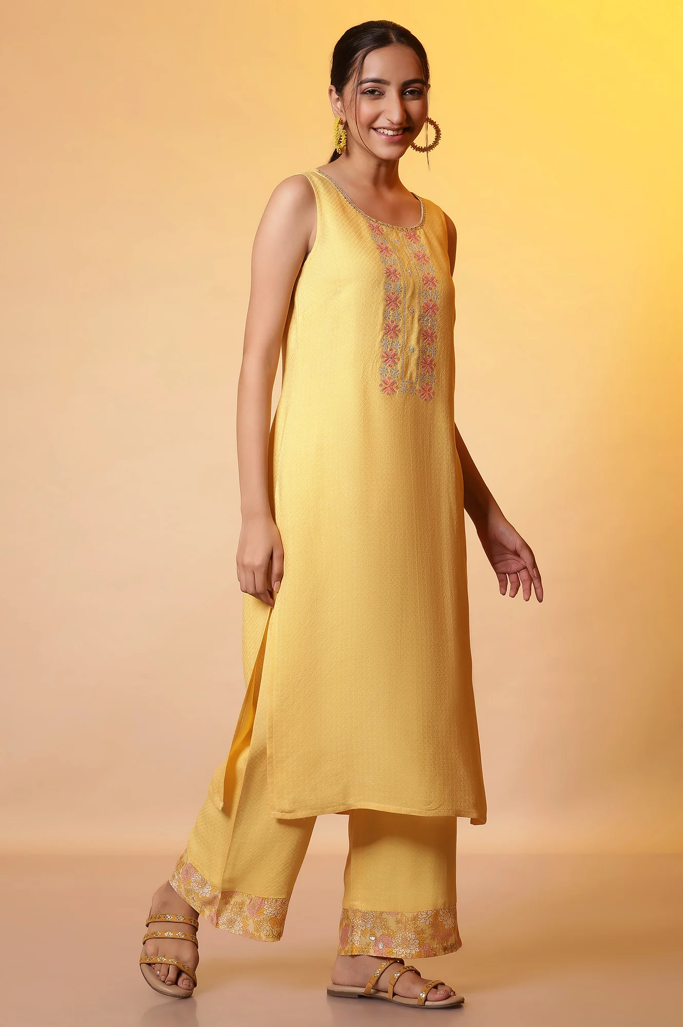Yellow Metallic Embroidered Kurta, Palazzo and Kota Dupatta Set - Image 5
