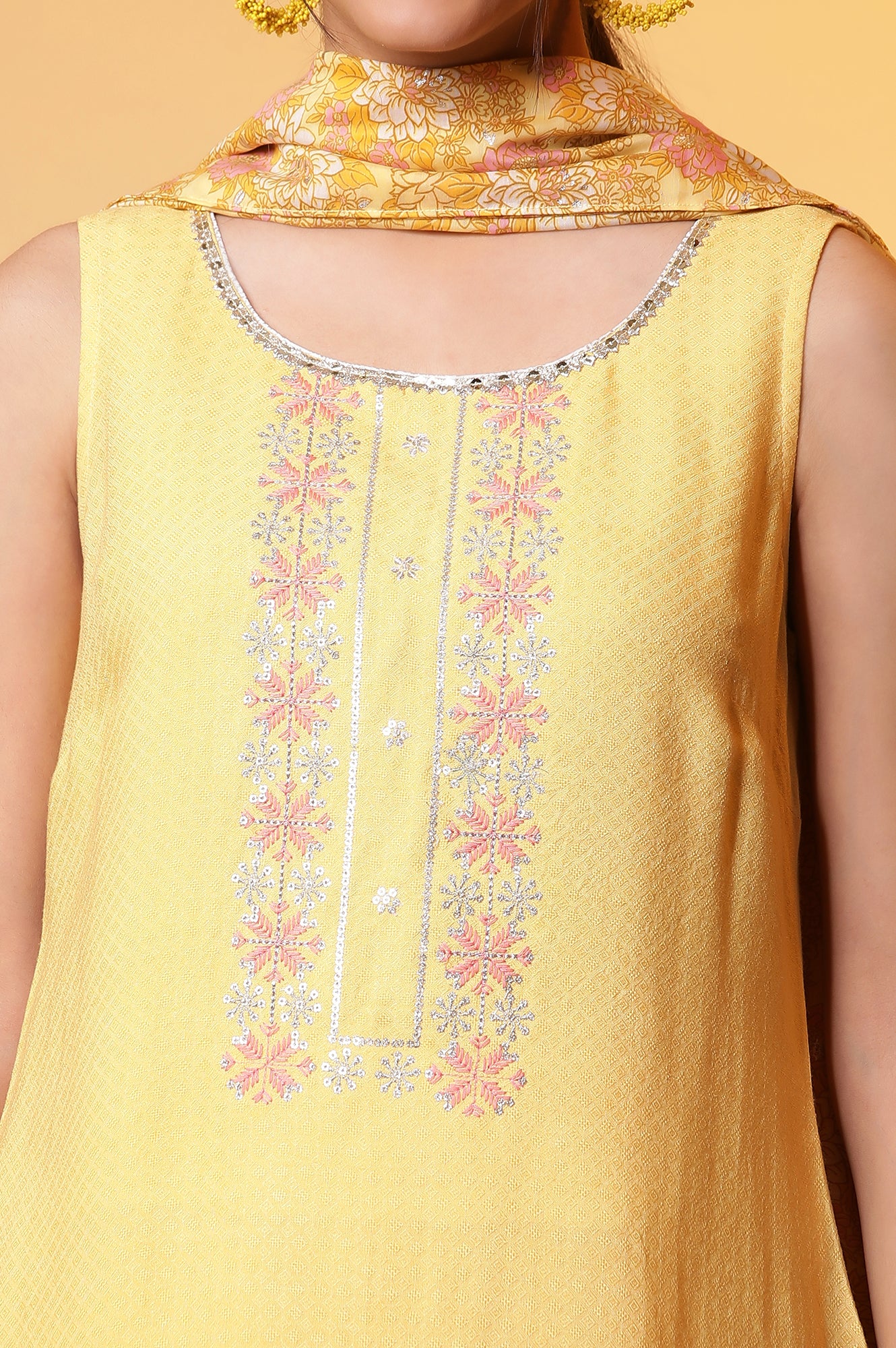Yellow Metallic Embroidered Kurta, Palazzo and Kota Dupatta Set - Image 6