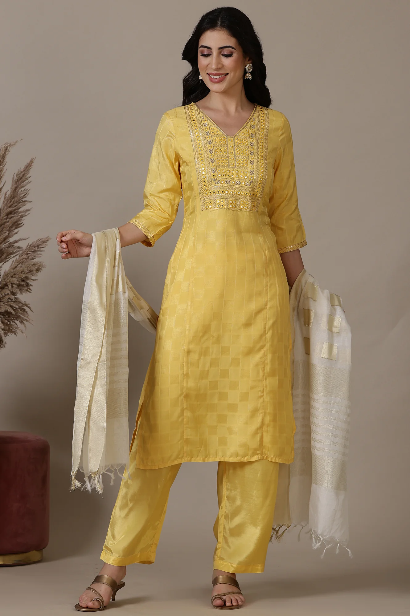 Yellow Mirror Work Straight Kurta, Palazzo and Dupatta Set - Image 2
