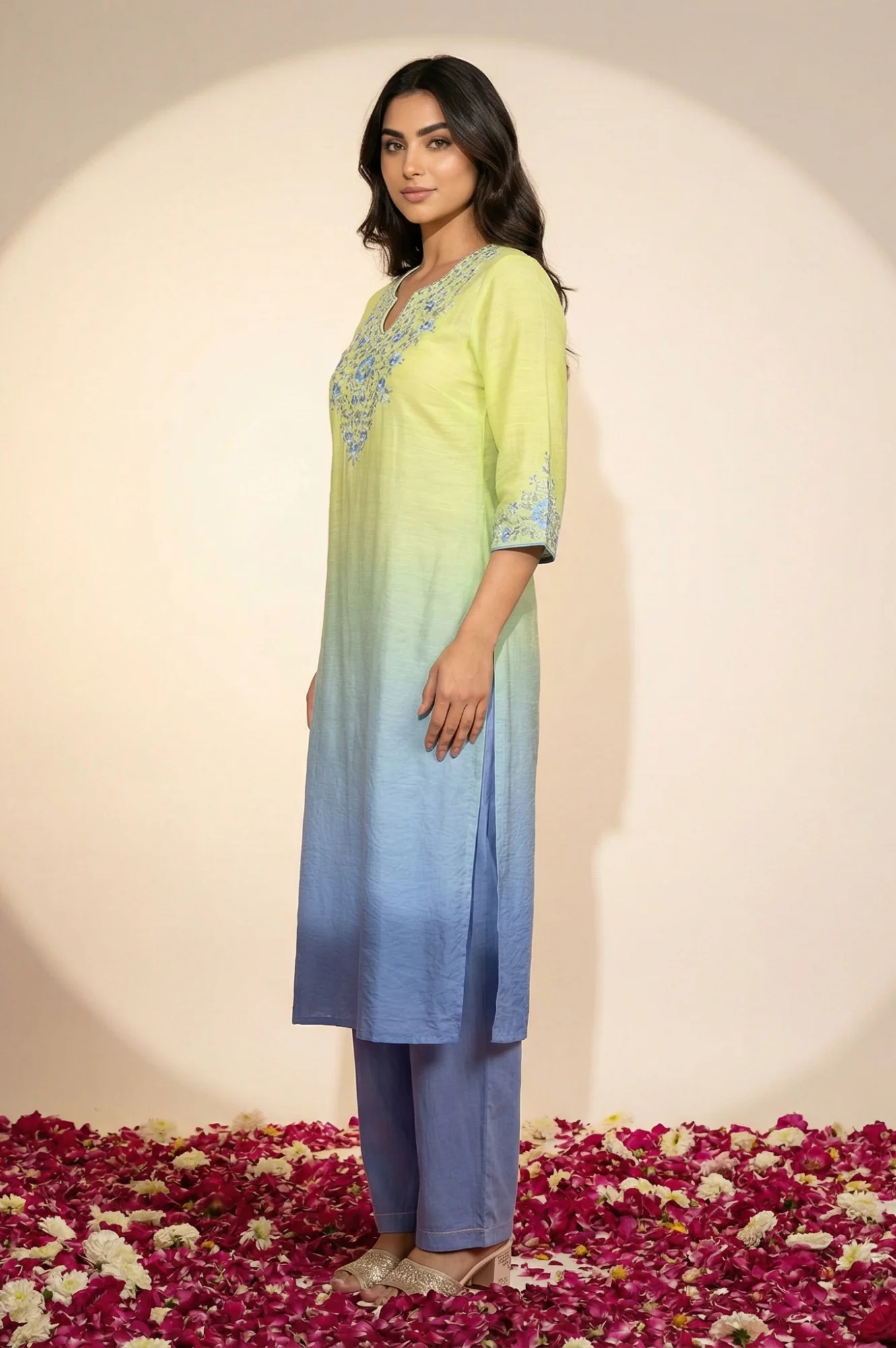 Lime Green Ombre Embroidered Straight Kurta with Palazzo and Dupatta Set - Image 3