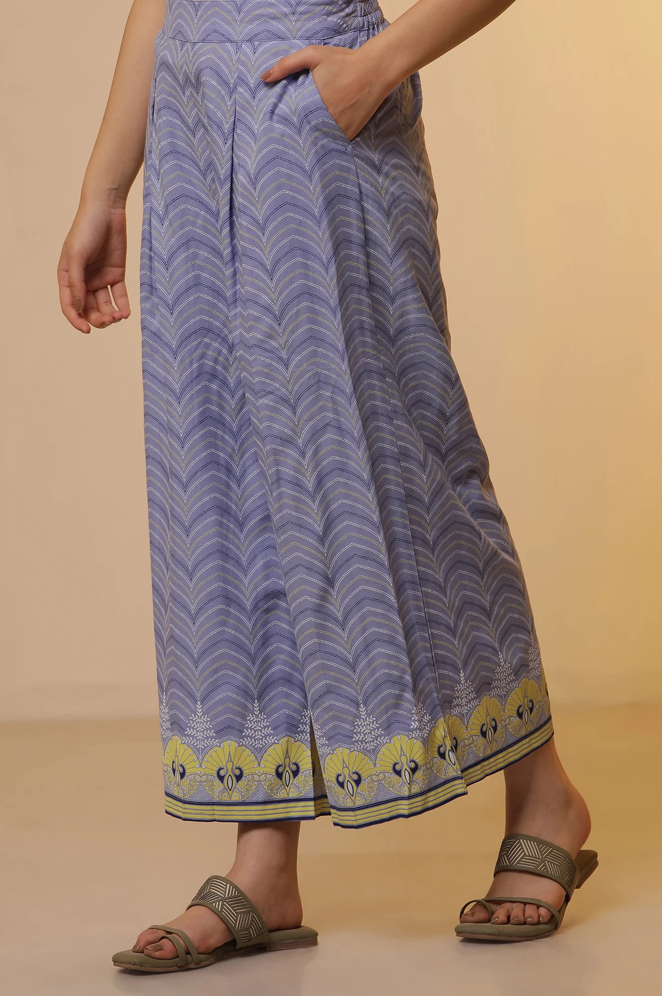 Yellow Placement Printed Kurta, Culottes and Dupatta Set - Image 10