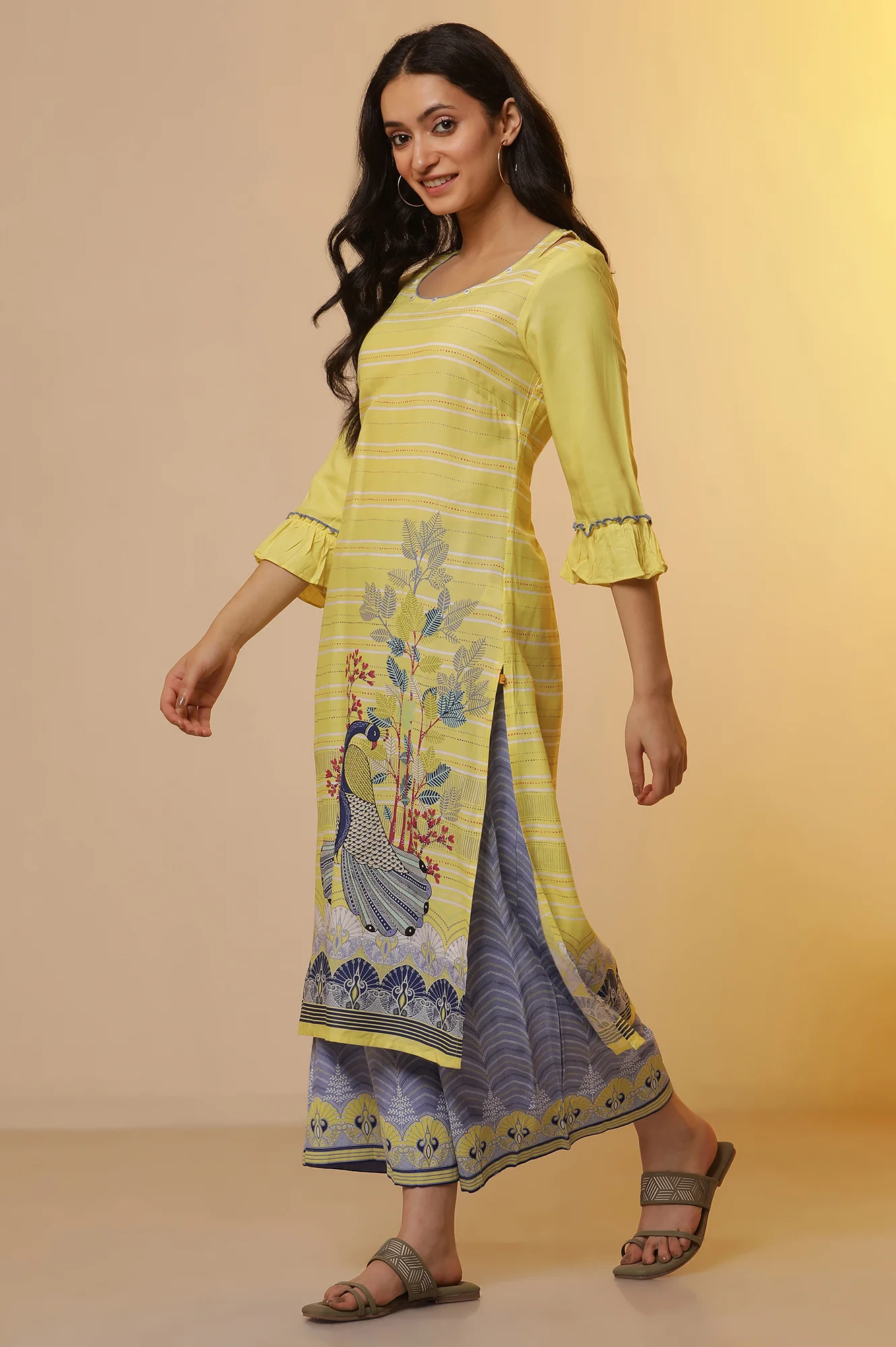 Yellow Placement Printed Kurta, Culottes and Dupatta Set - Image 3