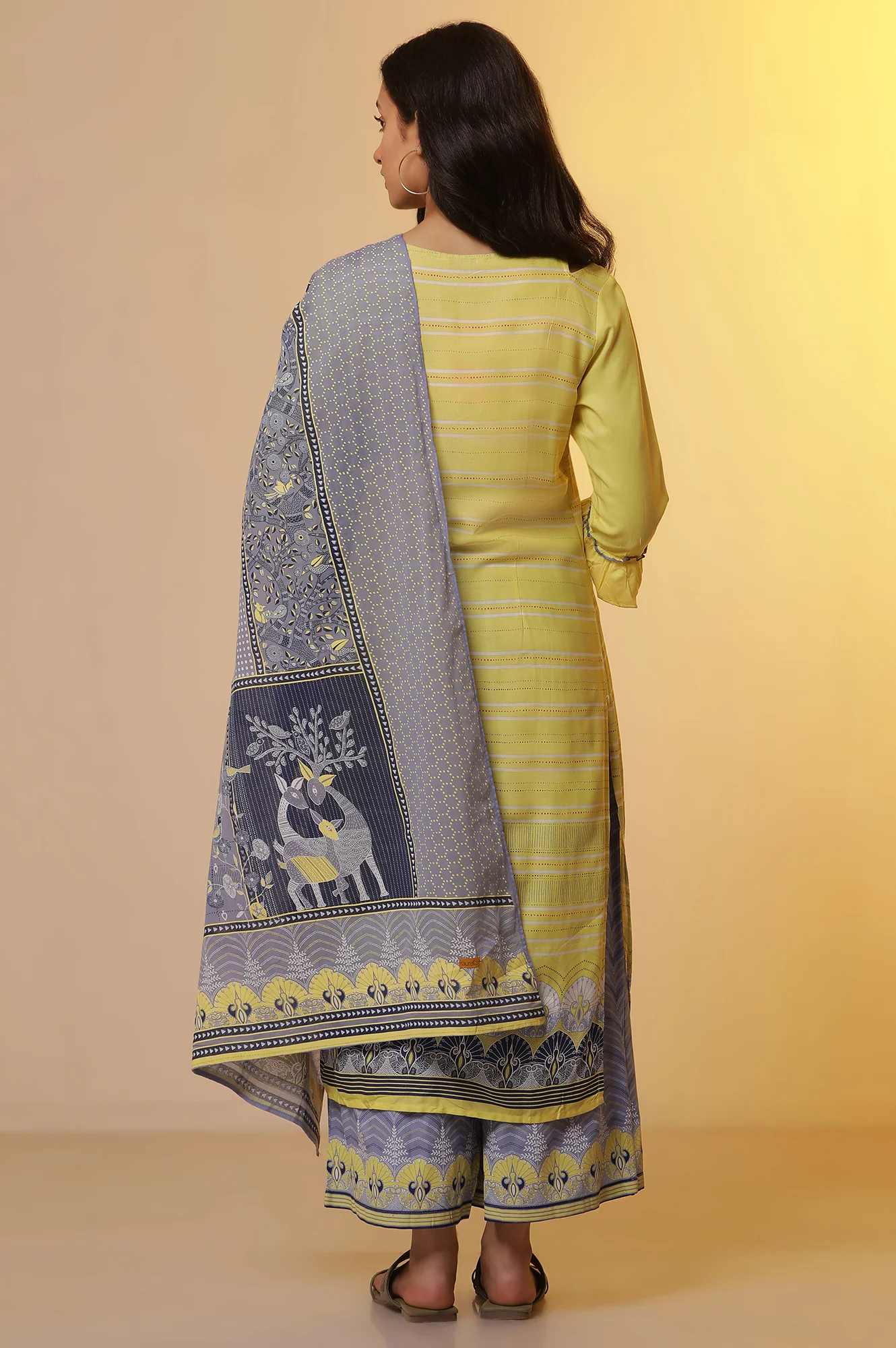Yellow Placement Printed Kurta, Culottes and Dupatta Set - Image 4
