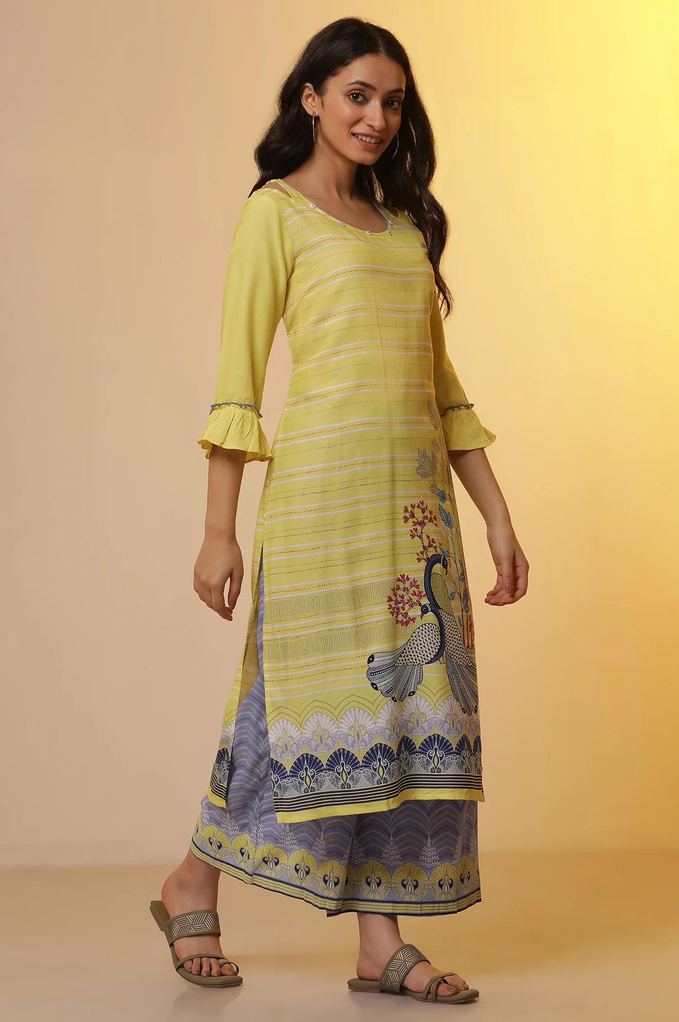 Yellow Placement Printed Kurta, Culottes and Dupatta Set - Image 5