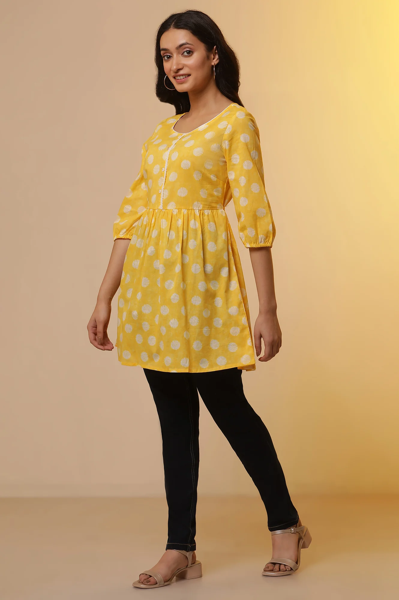 Yellow Polka Dot Cotton Short Kurti and Denim Jeggings Set - Image 3