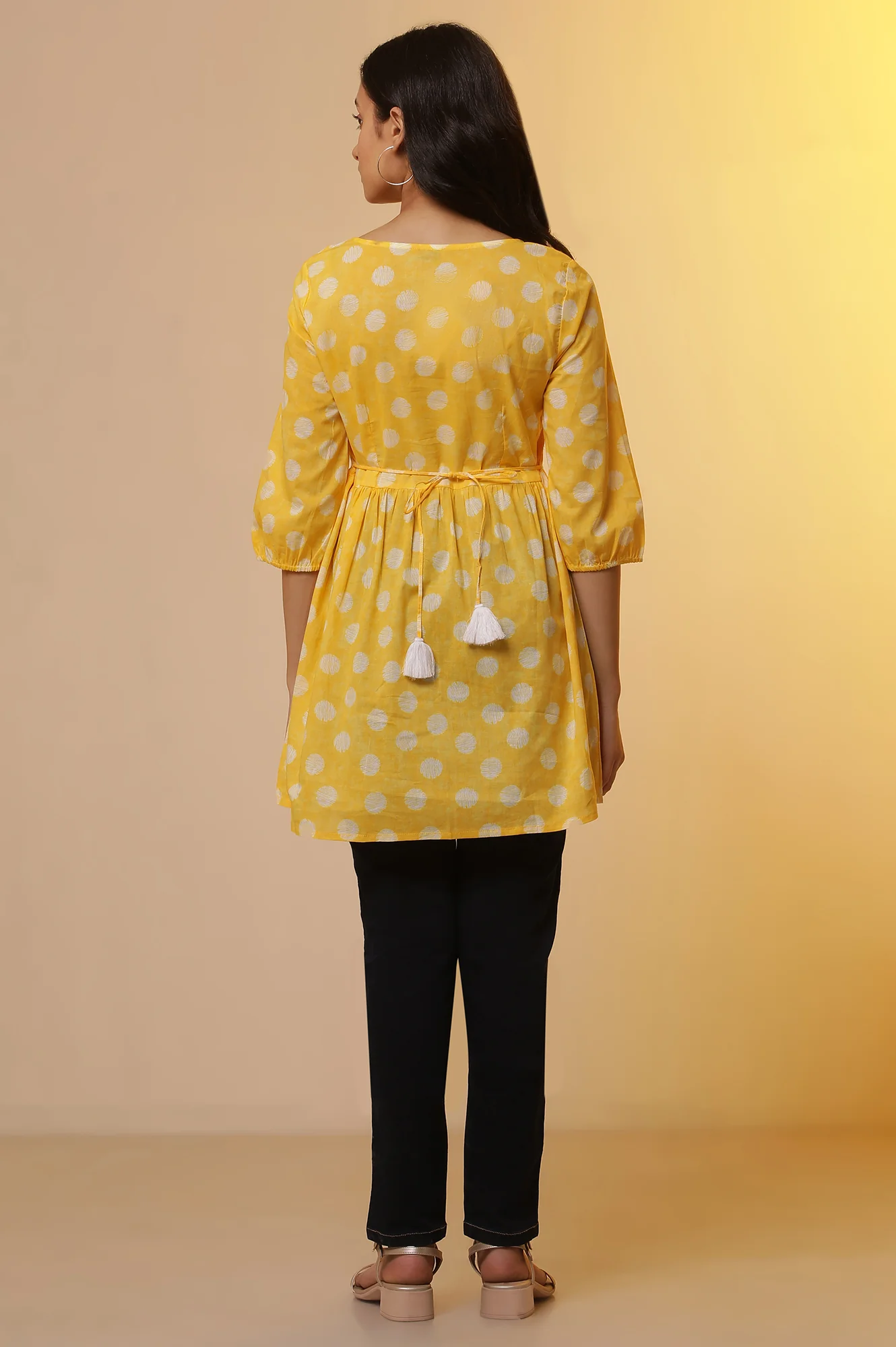 Yellow Polka Dot Cotton Short Kurti and Denim Jeggings Set - Image 4