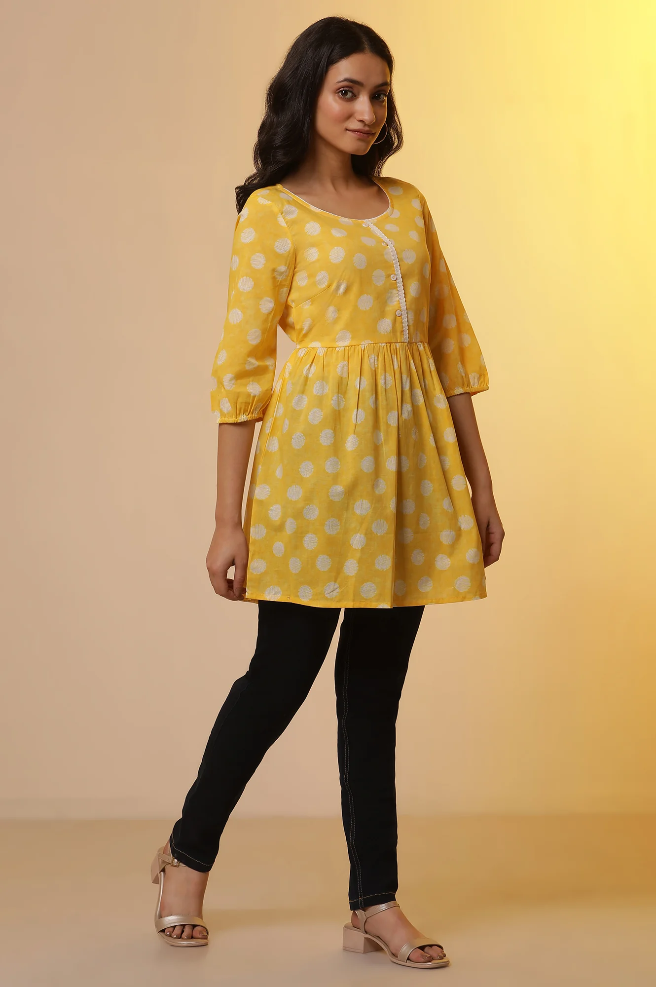 Yellow Polka Dot Cotton Short Kurti and Denim Jeggings Set - Image 5