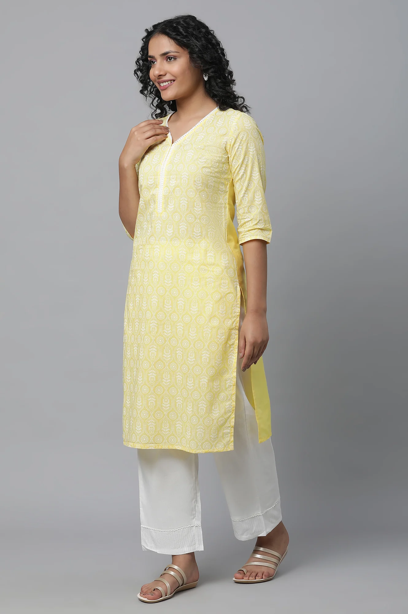 Yellow Printed Cotton kurta & Palazzo Set - Image 3
