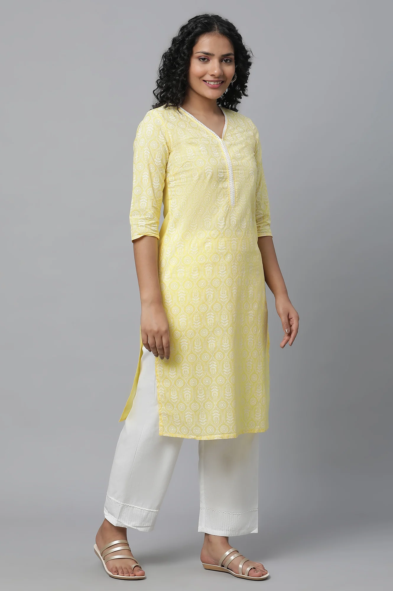 Yellow Printed Cotton kurta & Palazzo Set - Image 4
