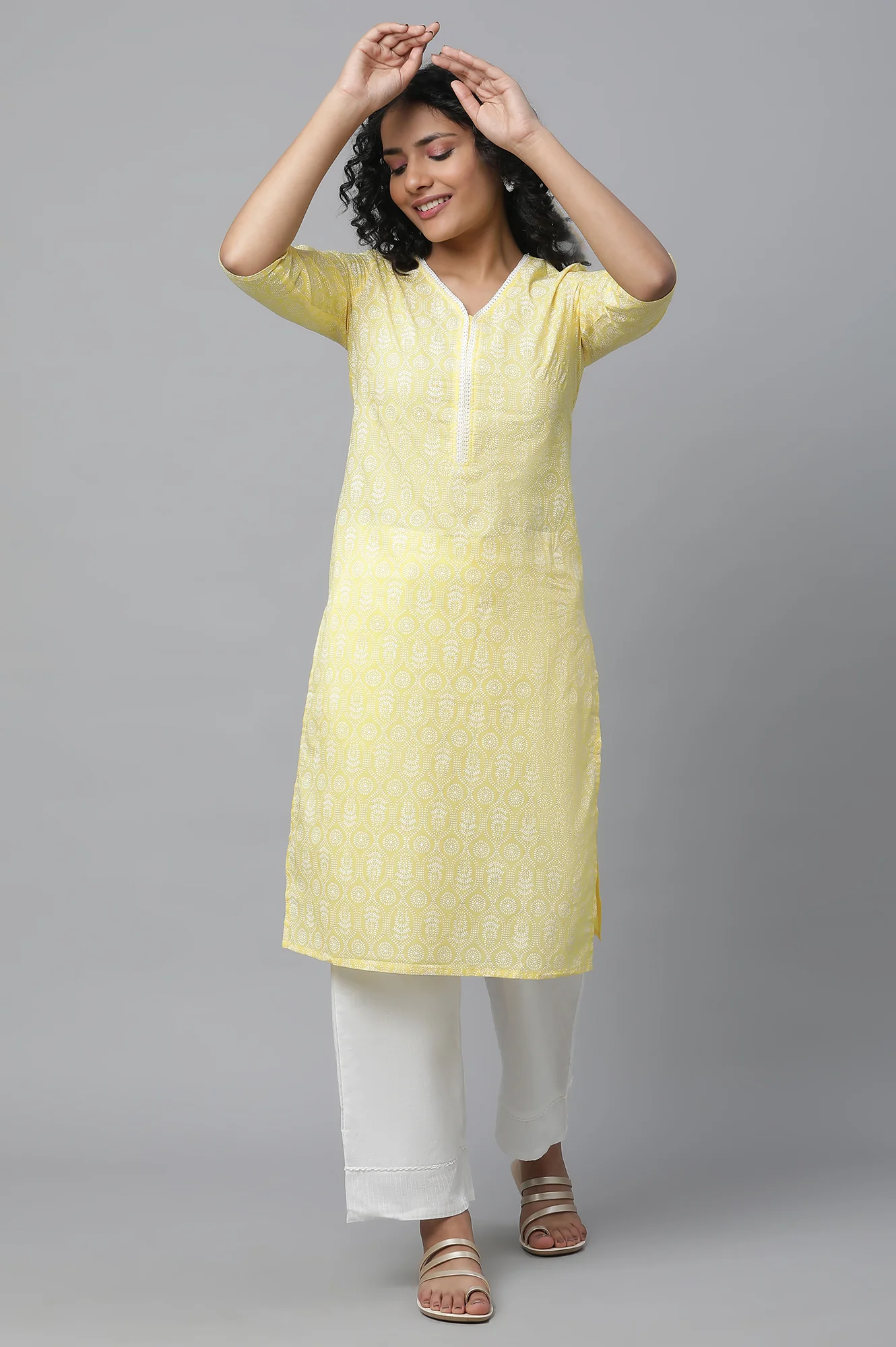 Yellow Printed Cotton kurta & Palazzo Set - Image 5
