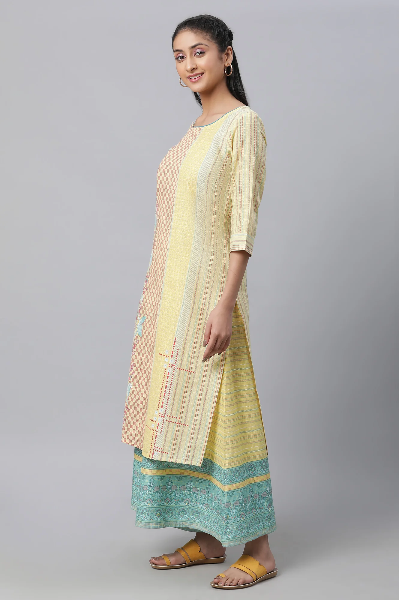 Yellow Printed Kurta, Culottes & Dupatta Set - Image 3