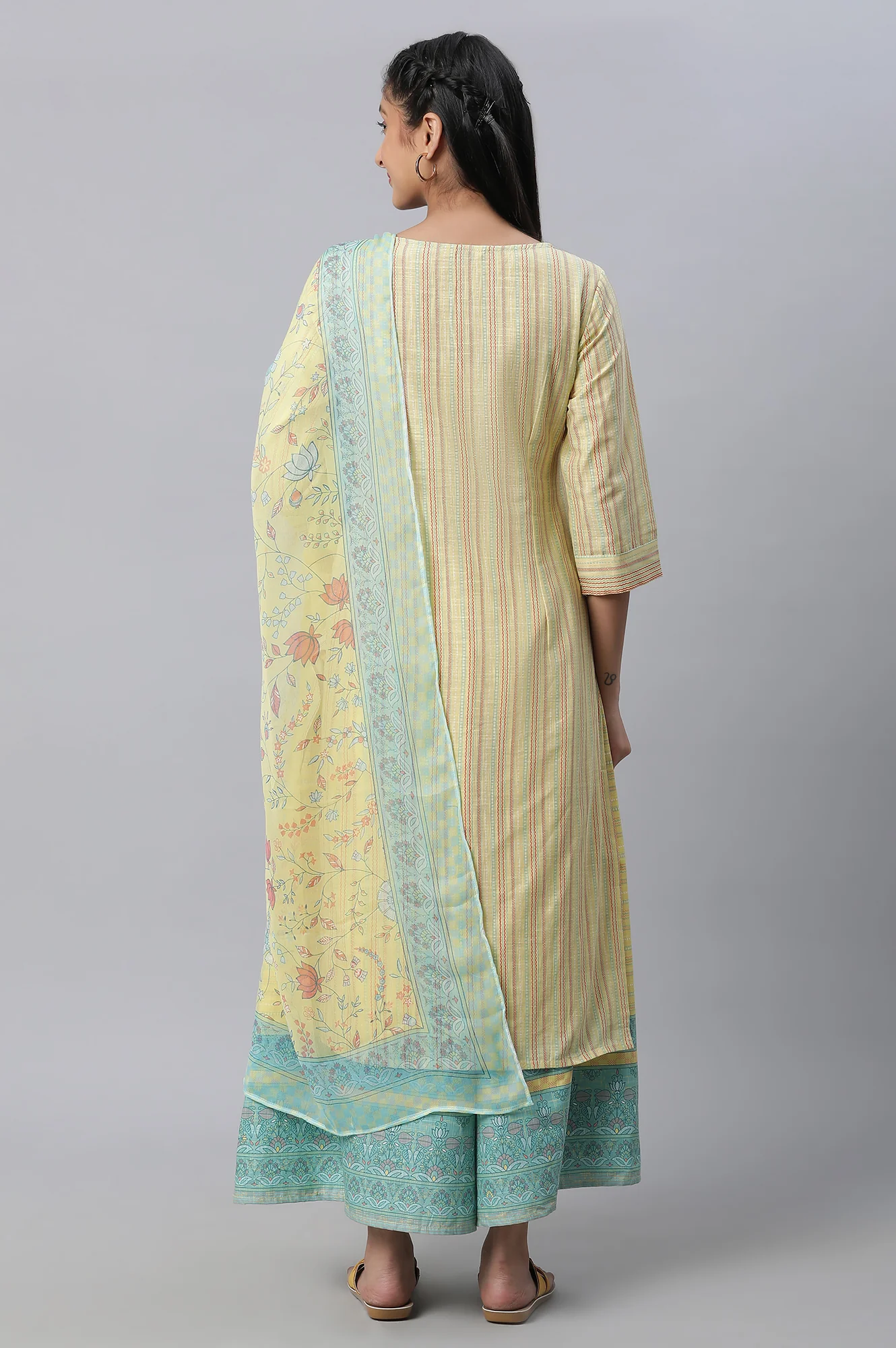 Yellow Printed Kurta, Culottes & Dupatta Set - Image 4