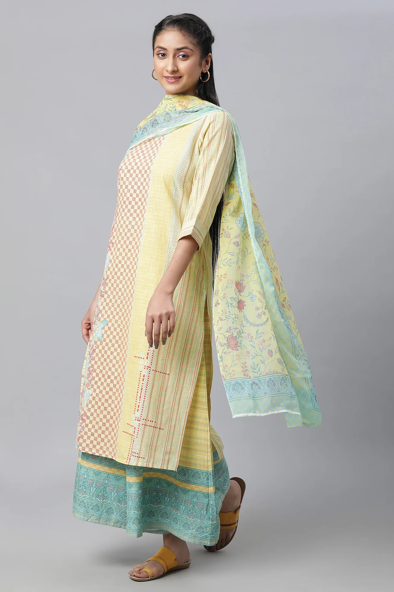 Yellow Printed Kurta, Culottes & Dupatta Set - Image 5
