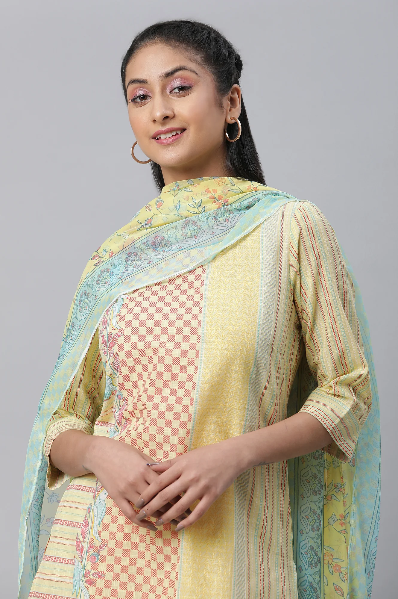 Yellow Printed Kurta, Culottes & Dupatta Set - Image 6