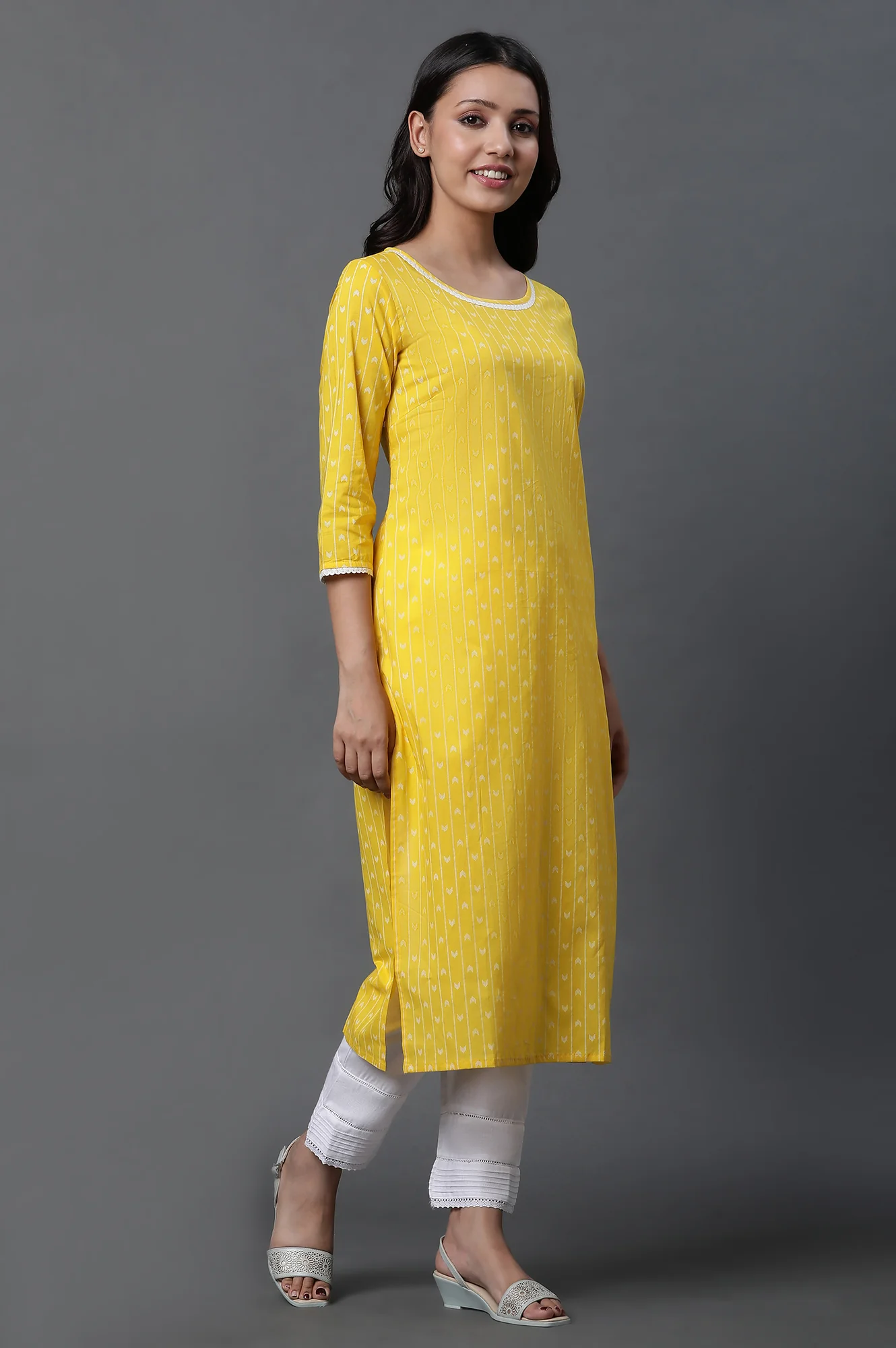 Yellow Printed Kurta, Trousers and Dupatta Set - Image 3