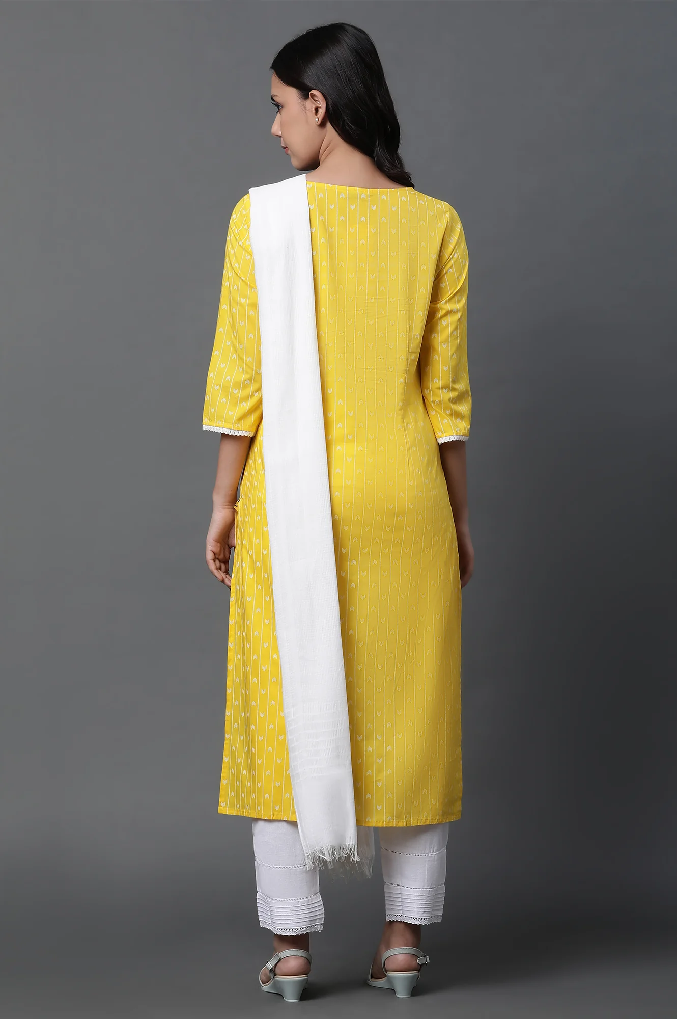 Yellow Printed Kurta, Trousers and Dupatta Set - Image 4